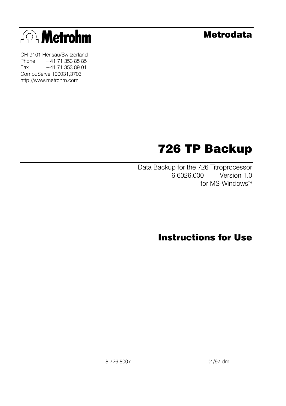 Metrohm 726 TP Backup User Manual | 28 pages