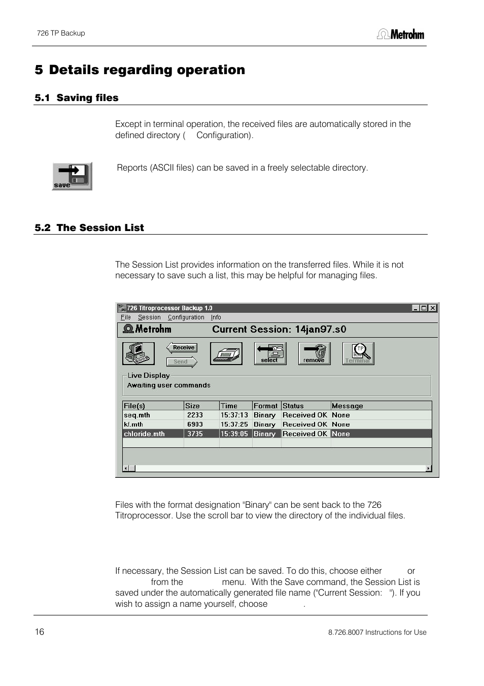 Details regarding operation, 5 details regarding operation | Metrohm 726 TP Backup User Manual | Page 17 / 28