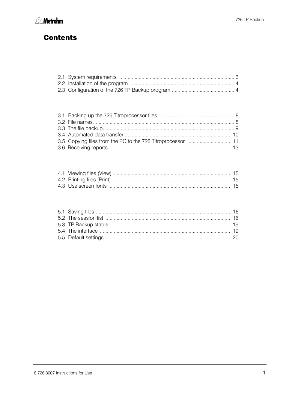 Metrohm 726 TP Backup User Manual | Page 2 / 28