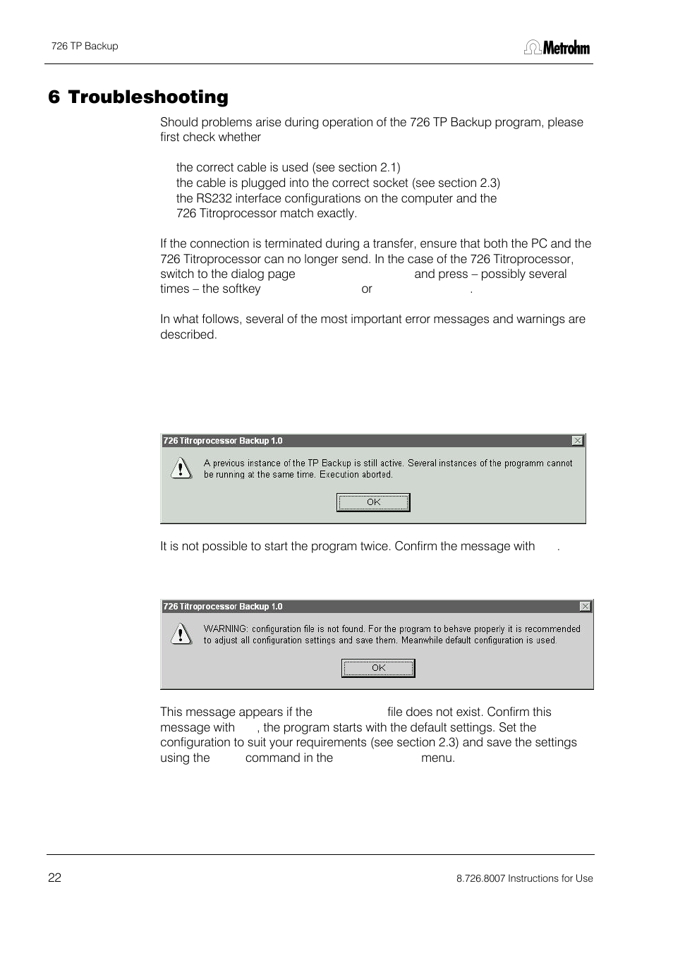 Troubleshooting, 6 troubleshooting | Metrohm 726 TP Backup User Manual | Page 23 / 28