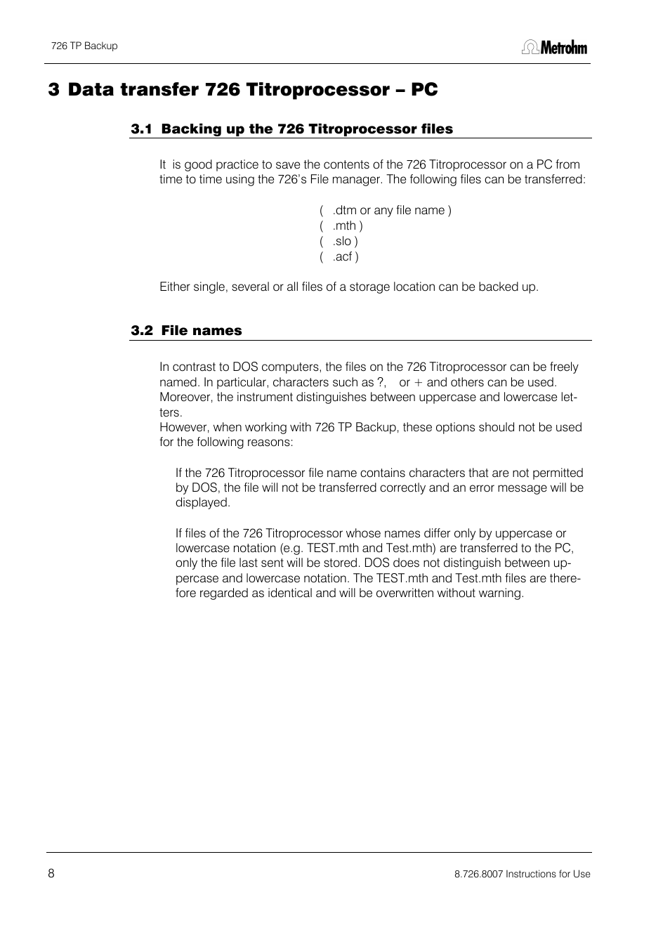 Data transfer 726 titroprocessor – pc, 3 data transfer 726 titroprocessor – pc | Metrohm 726 TP Backup User Manual | Page 9 / 28