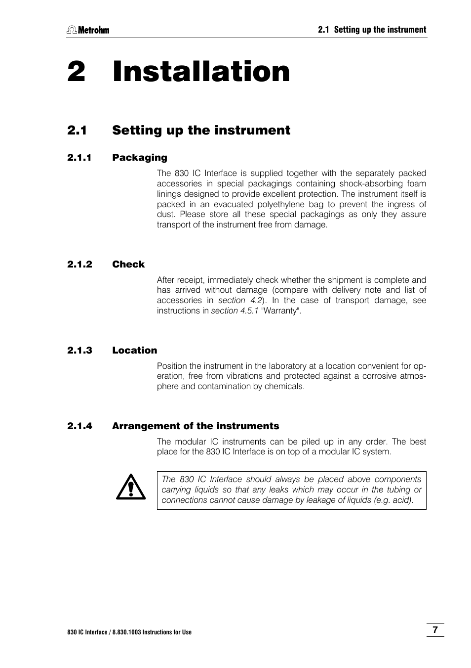 2 installation, 1 setting up the instrument, 1 packaging | 2 check, 3 location, 4 arrangement of the instruments, Installation, Setting up the instrument, Packaging, Check | Metrohm 830 IC Interface User Manual | Page 13 / 51