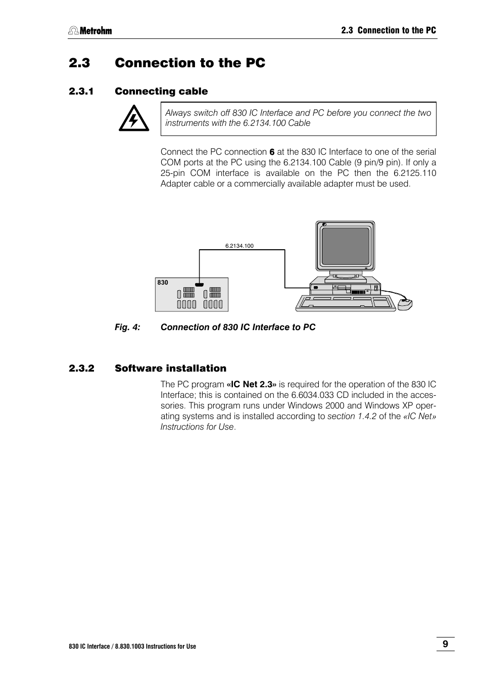 3 connection to the pc, 1 connecting cable, 2 software installation | Connection to the pc, Connecting cable, Software installation, Fig. 4, Connection of 830 ic interface to pc | Metrohm 830 IC Interface User Manual | Page 15 / 51