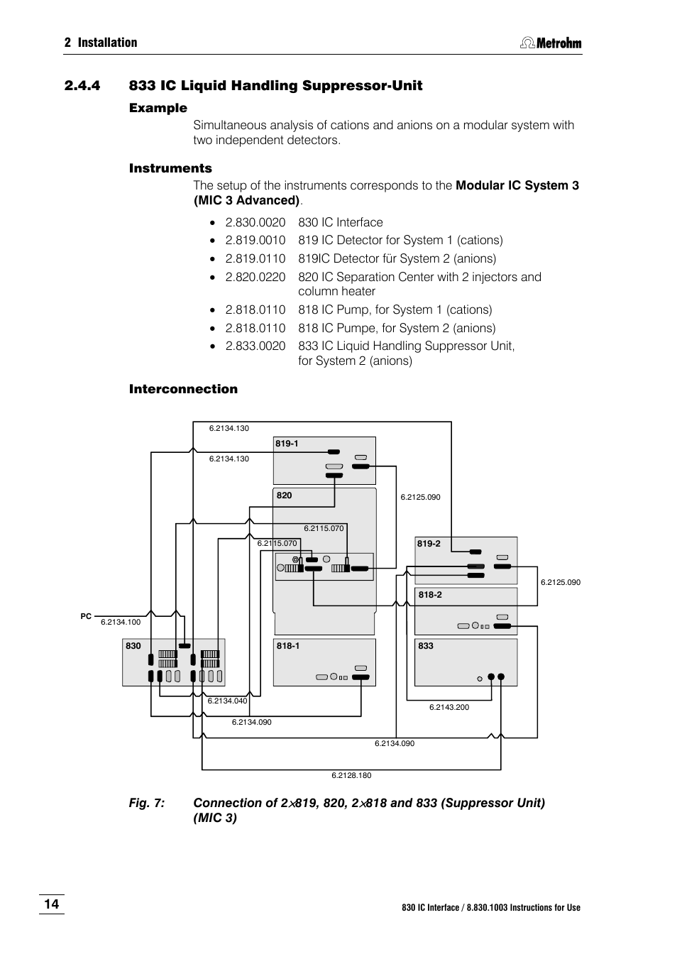 4 833 ic liquid handling suppressor-unit, 833 ic liquid handling suppressor-unit, Fig. 7 | Connection of 2, 818 and 833 (suppressor unit) (mic 3) | Metrohm 830 IC Interface User Manual | Page 20 / 51
