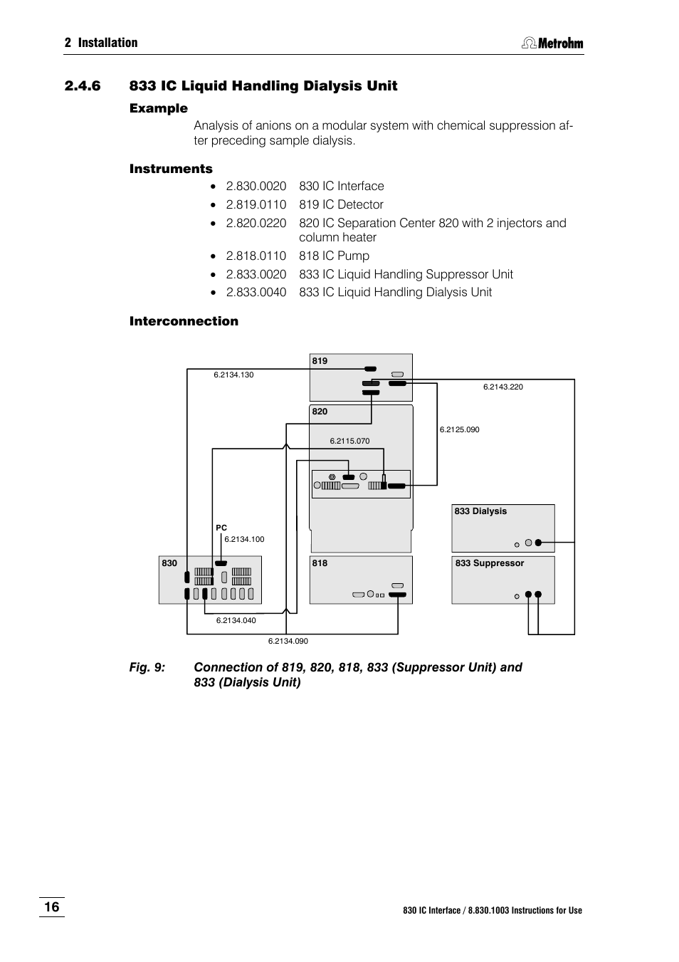 6 833 ic liquid handling dialysis unit, 833 ic liquid handling dialysis unit, Fig. 9 | Connection of 819, 820, 818, 833 (suppressor unit), And 833 (dialysis unit) | Metrohm 830 IC Interface User Manual | Page 22 / 51