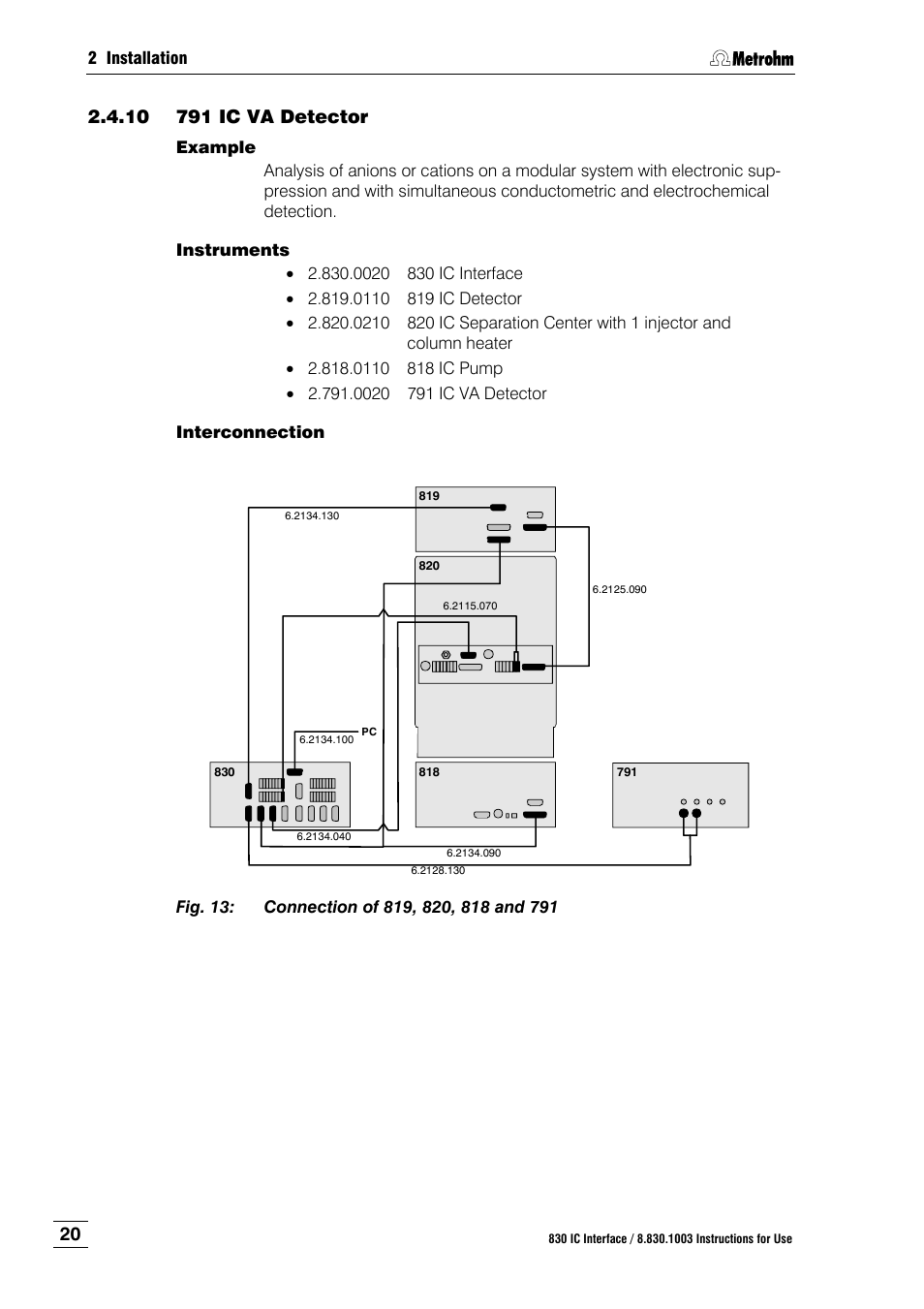 10 791 ic va detector, 791 ic va detector, Fig. 13 | Connection of 819, 820, 818 and 791 | Metrohm 830 IC Interface User Manual | Page 26 / 51