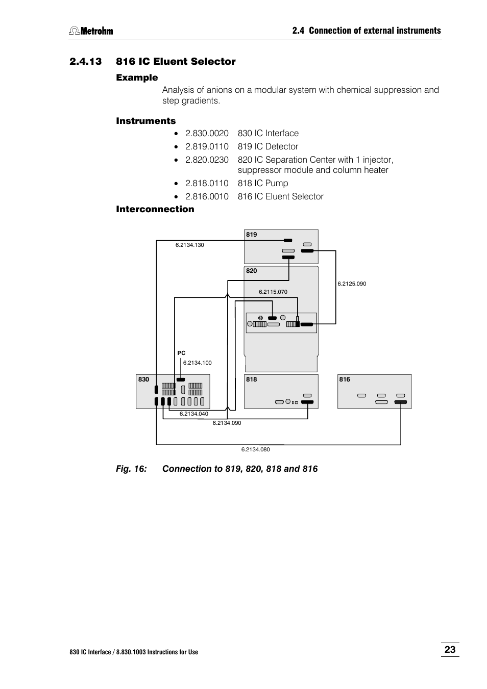 13 816 ic eluent selector, 816 ic eluent selector, Fig. 16 | Connection to 819, 820, 818 and 816 | Metrohm 830 IC Interface User Manual | Page 29 / 51