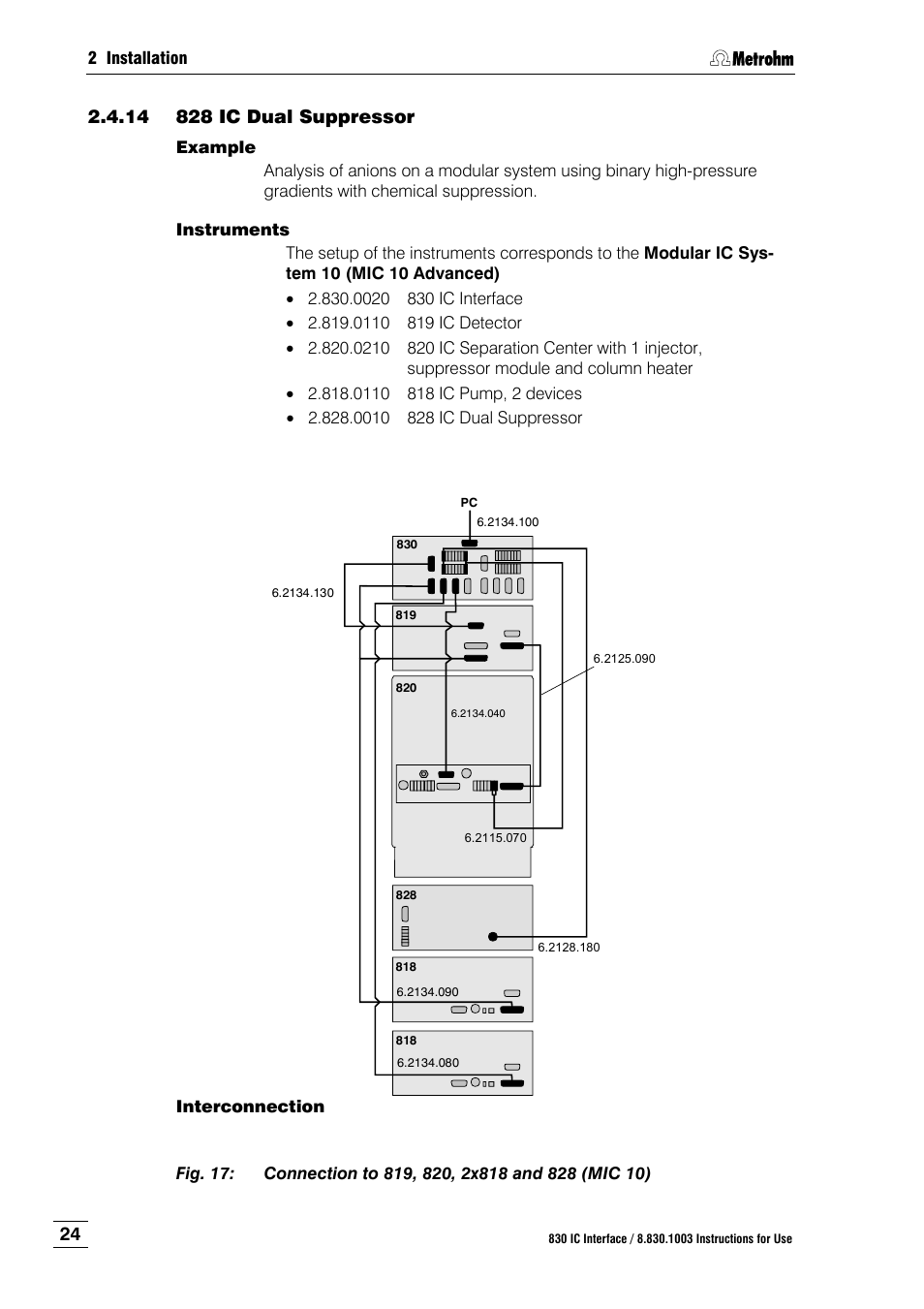 14 828 ic dual suppressor, 828 ic dual suppressor, Fig. 17 | Connection to 819, 820, 2x818 and 828 (mic 10) | Metrohm 830 IC Interface User Manual | Page 30 / 51