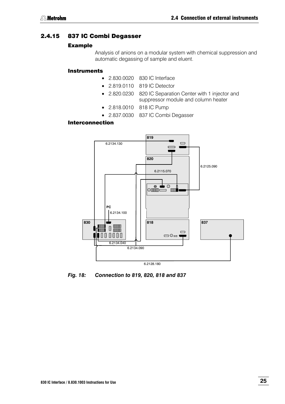 15 837 ic combi degasser, 837 ic combi degasser, Fig. 18 | Connection to 819, 820, 818 and 837 | Metrohm 830 IC Interface User Manual | Page 31 / 51