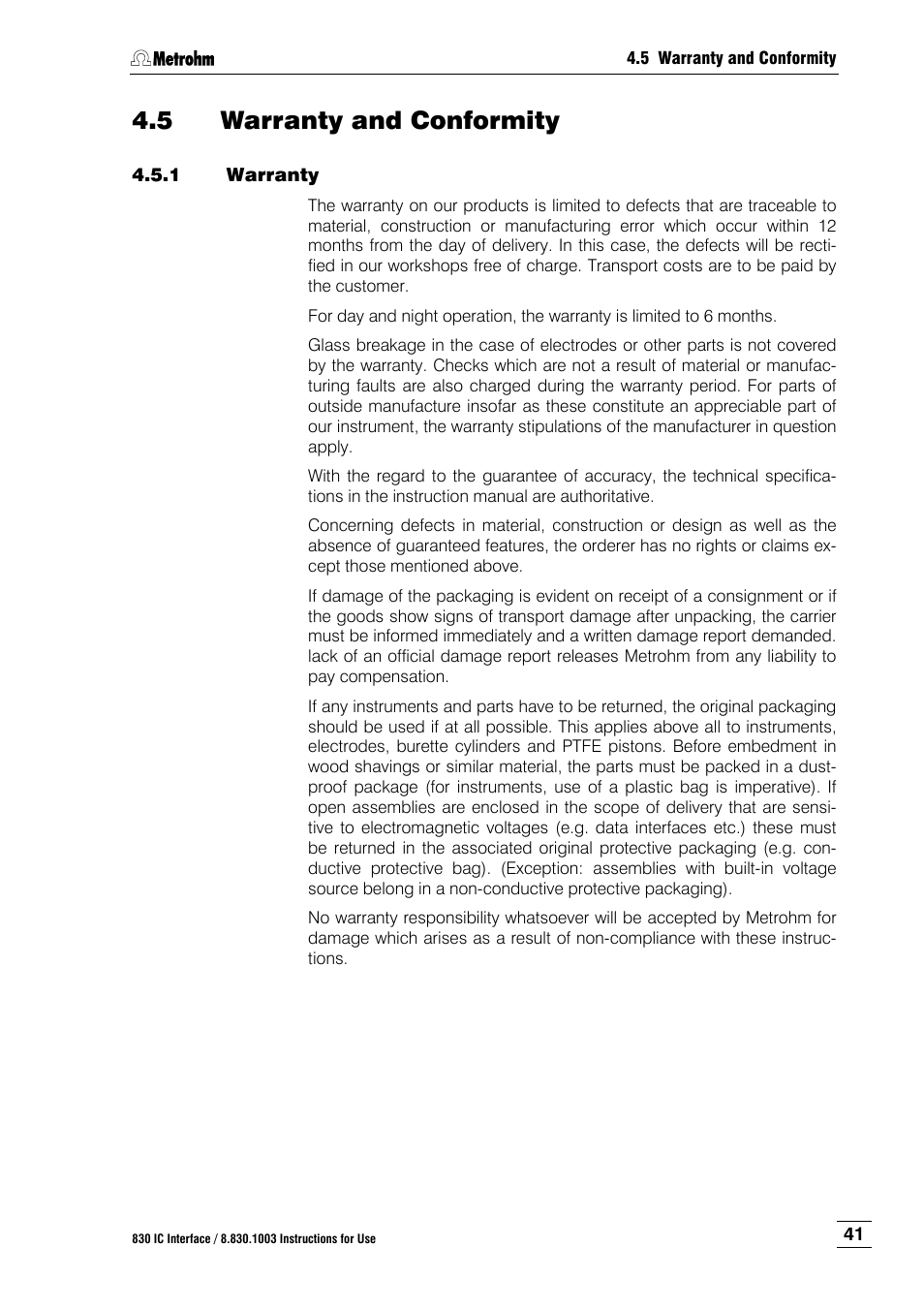 5 warranty and conformity, 1 warranty, Warranty and conformity | Warranty | Metrohm 830 IC Interface User Manual | Page 47 / 51