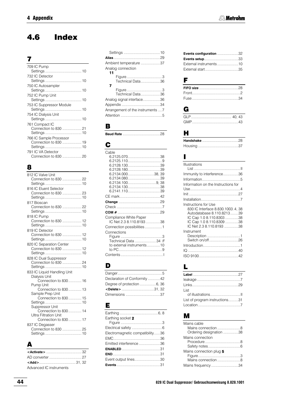 6 index, Index, 4 appendix | Metrohm 830 IC Interface User Manual | Page 50 / 51