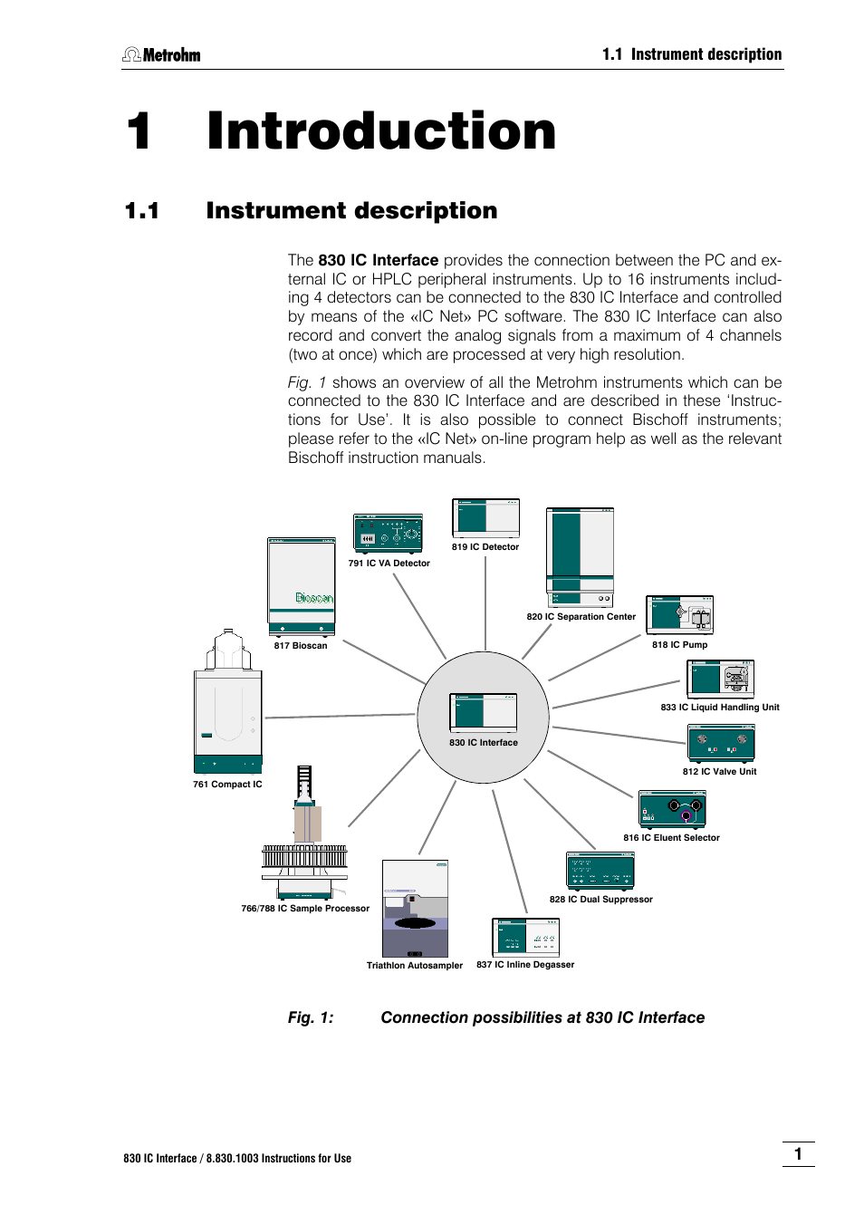 1 introduction, 1 instrument description, Introduction | Instrument description, Fig. 1, Connection possibilities at 830 ic interface | Metrohm 830 IC Interface User Manual | Page 7 / 51