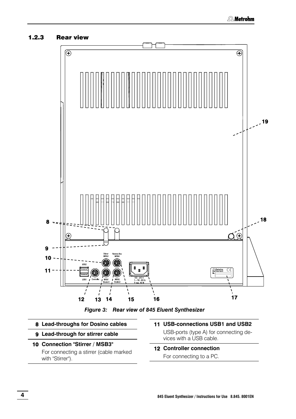3 rear view, Rear view, Figure 3 | Rear view of 845 eluent synthesizer | Metrohm 845 Eluent Synthesizer User Manual | Page 10 / 73