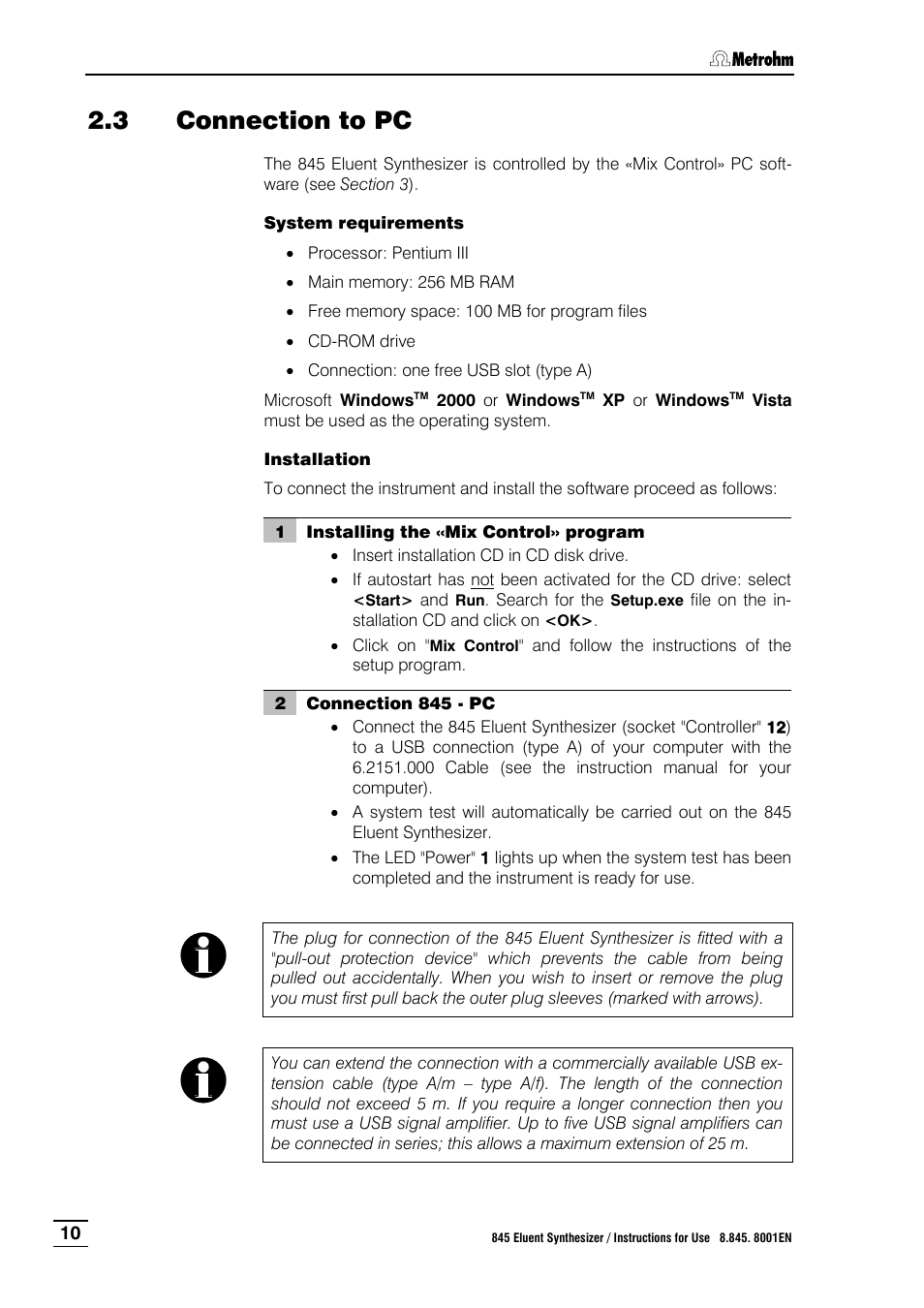 3 connection to pc, Connection to pc | Metrohm 845 Eluent Synthesizer User Manual | Page 16 / 73