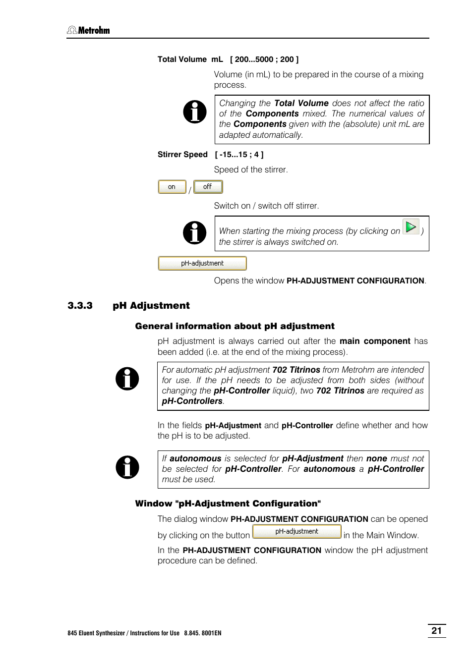 3 ph adjustment, Ph adjustment | Metrohm 845 Eluent Synthesizer User Manual | Page 27 / 73