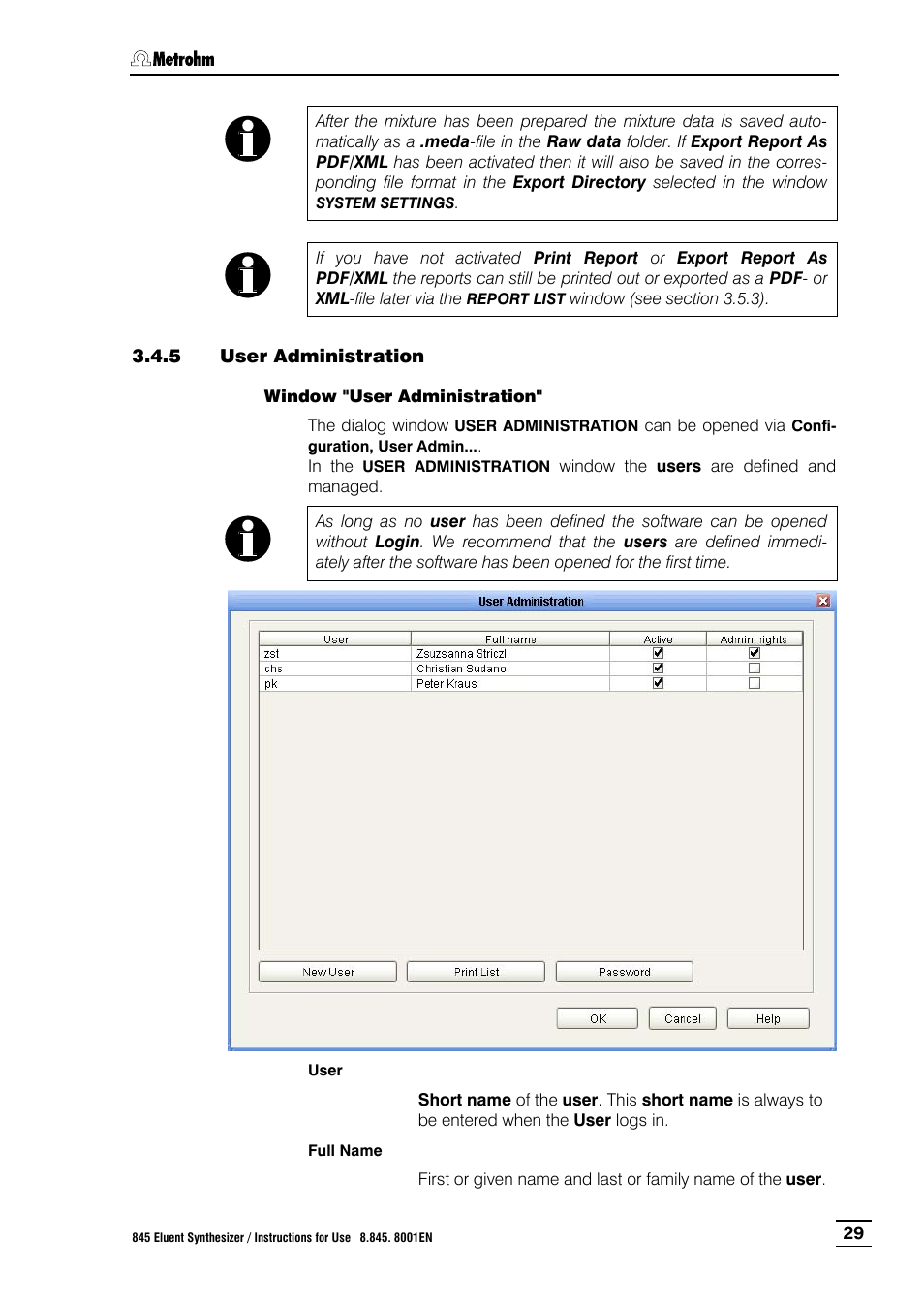 5 user administration, User administration | Metrohm 845 Eluent Synthesizer User Manual | Page 35 / 73