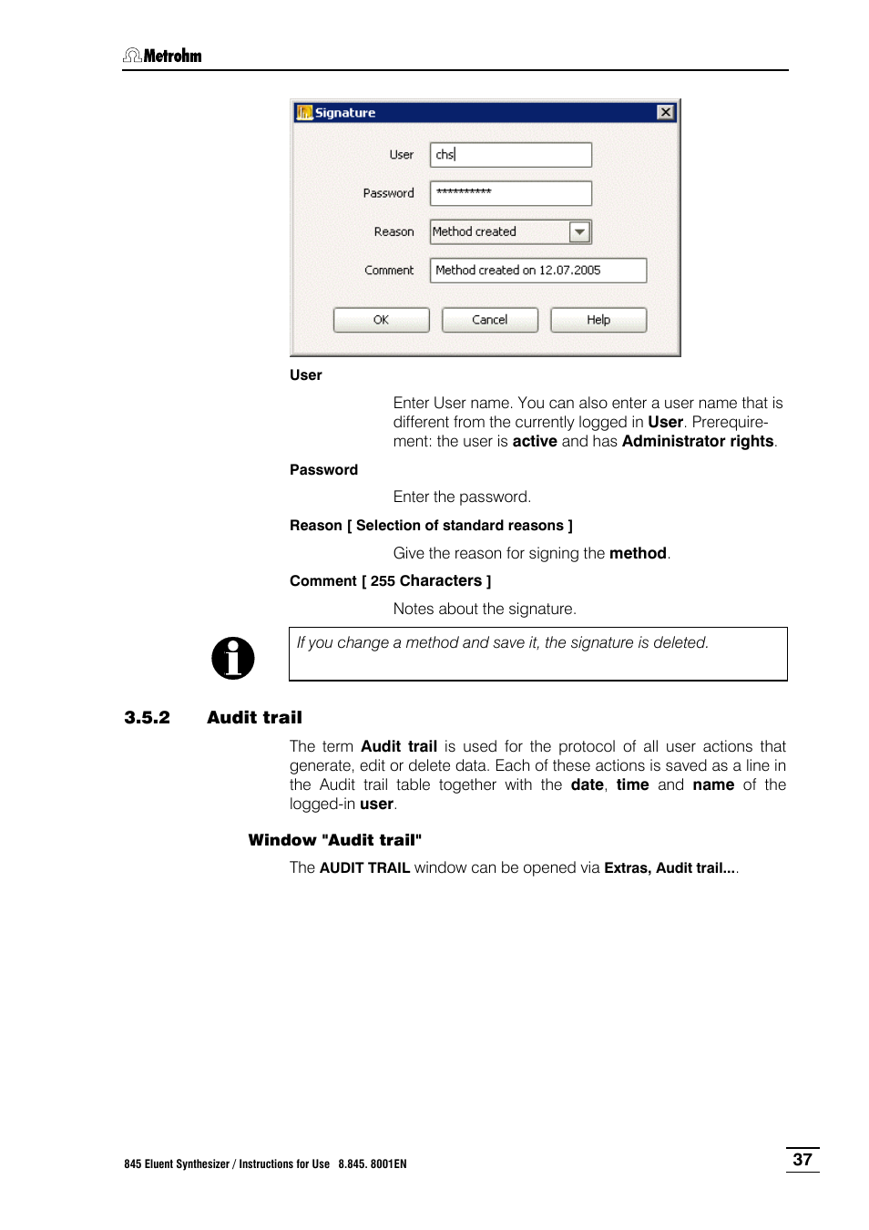 2 audit trail, Audit trail, Ction 3.5.2 ) | Metrohm 845 Eluent Synthesizer User Manual | Page 43 / 73