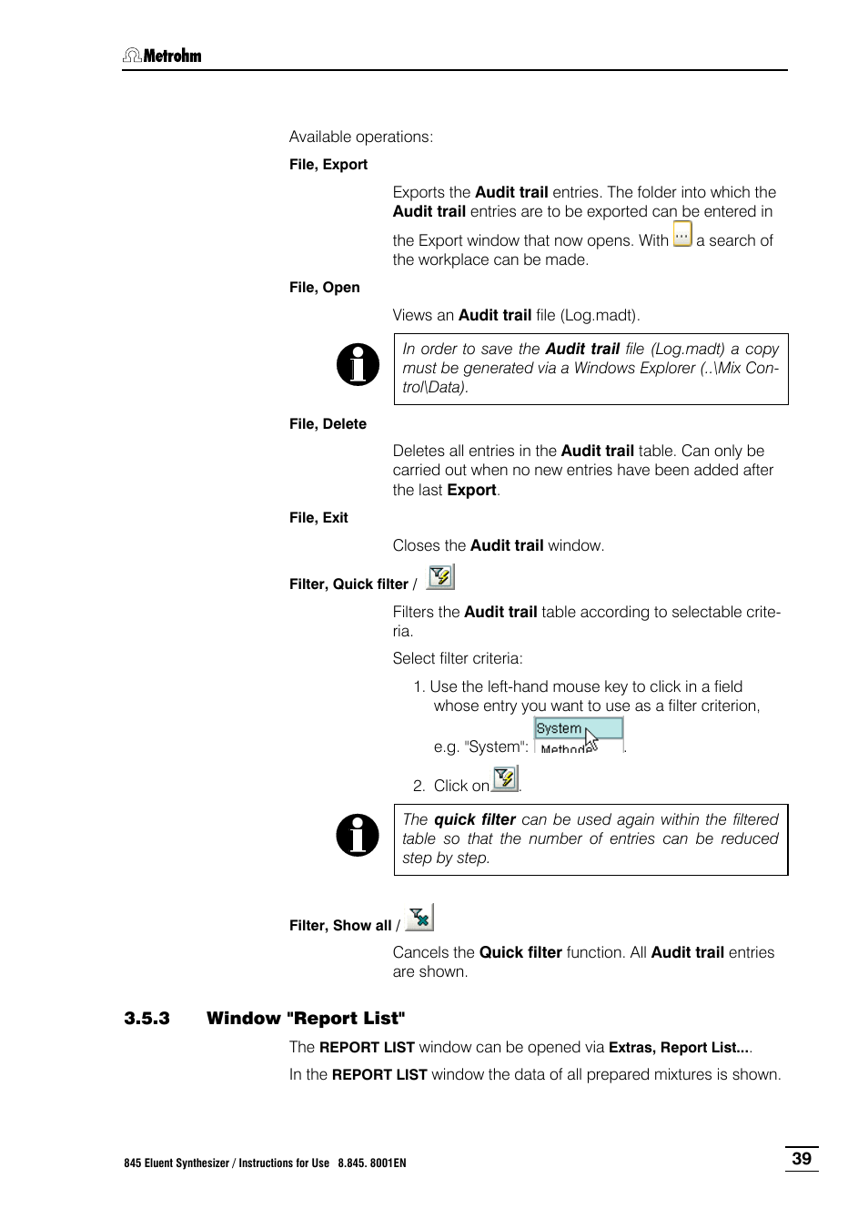 3 window "report list, Window "report list | Metrohm 845 Eluent Synthesizer User Manual | Page 45 / 73