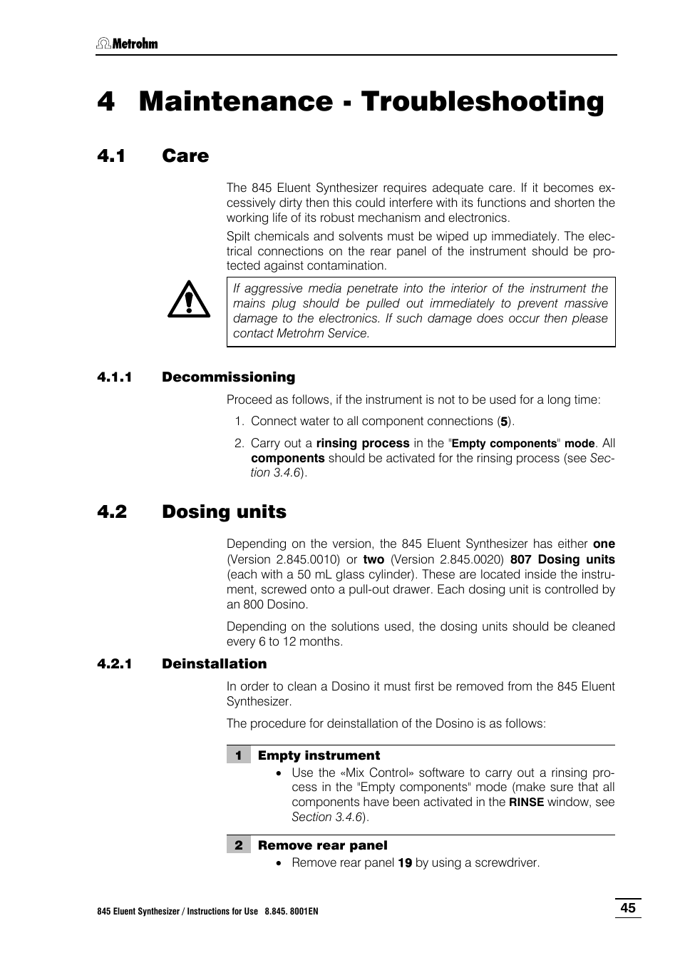 4 maintenance - troubleshooting, 1 care, 1 decommissioning | 2 dosing units, 1 deinstallation, Maintenance - troubleshooting, Care, Decommissioning, Dosing units, Deinstallation | Metrohm 845 Eluent Synthesizer User Manual | Page 51 / 73