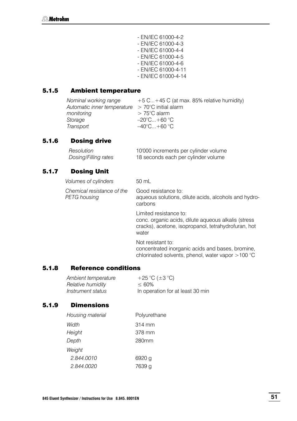 5 ambient temperature, 6 dosing drive, 7 dosing unit | 8 reference conditions, 9 dimensions, Ambient temperature, Dosing drive, Dosing unit, Reference conditions, Dimensions | Metrohm 845 Eluent Synthesizer User Manual | Page 57 / 73