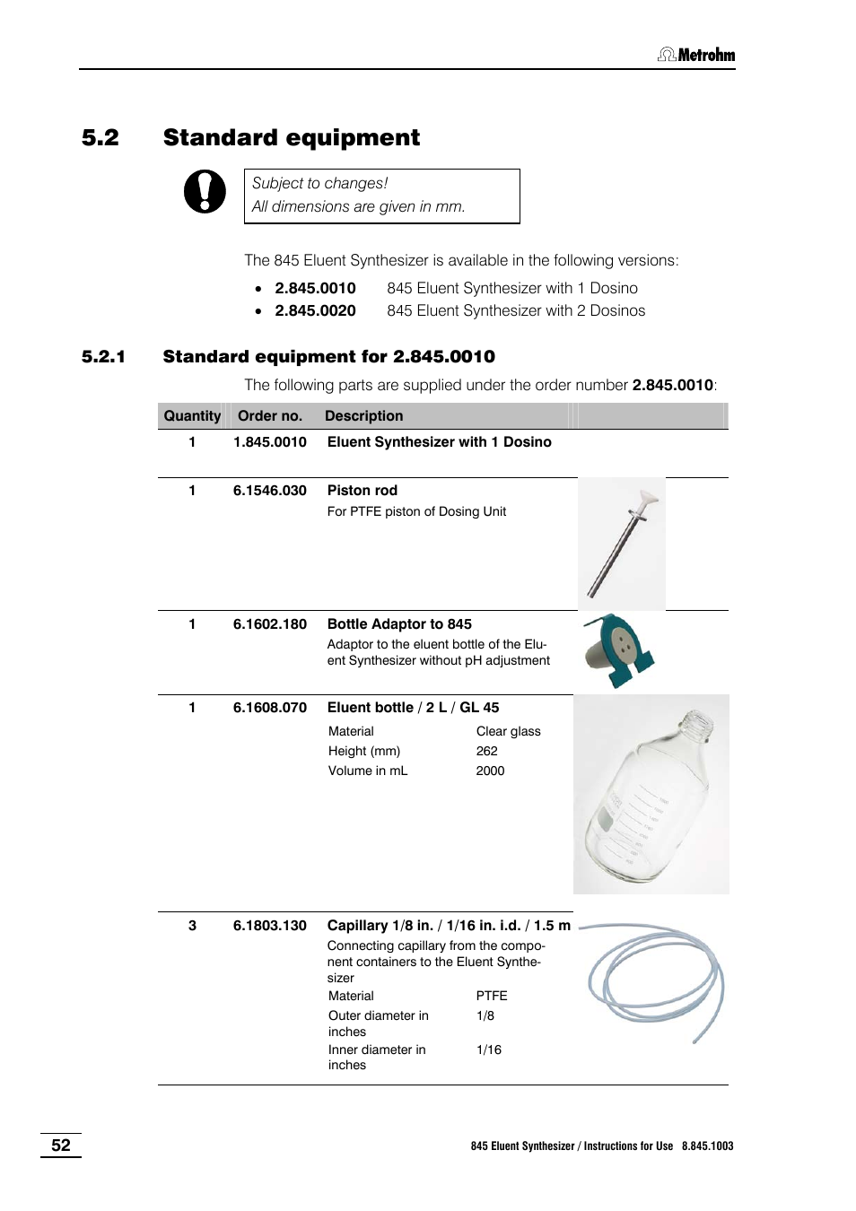 2 standard equipment, 1 standard equipment for 2.845.0010, Standard equipment | Standard equipment for 2.845.0010 | Metrohm 845 Eluent Synthesizer User Manual | Page 58 / 73