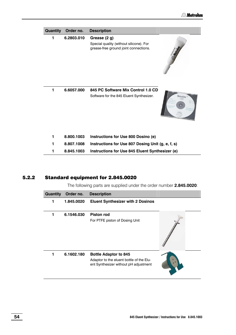 2 standard equipment for 2.845.0020, Standard equipment for 2.845.0020 | Metrohm 845 Eluent Synthesizer User Manual | Page 60 / 73