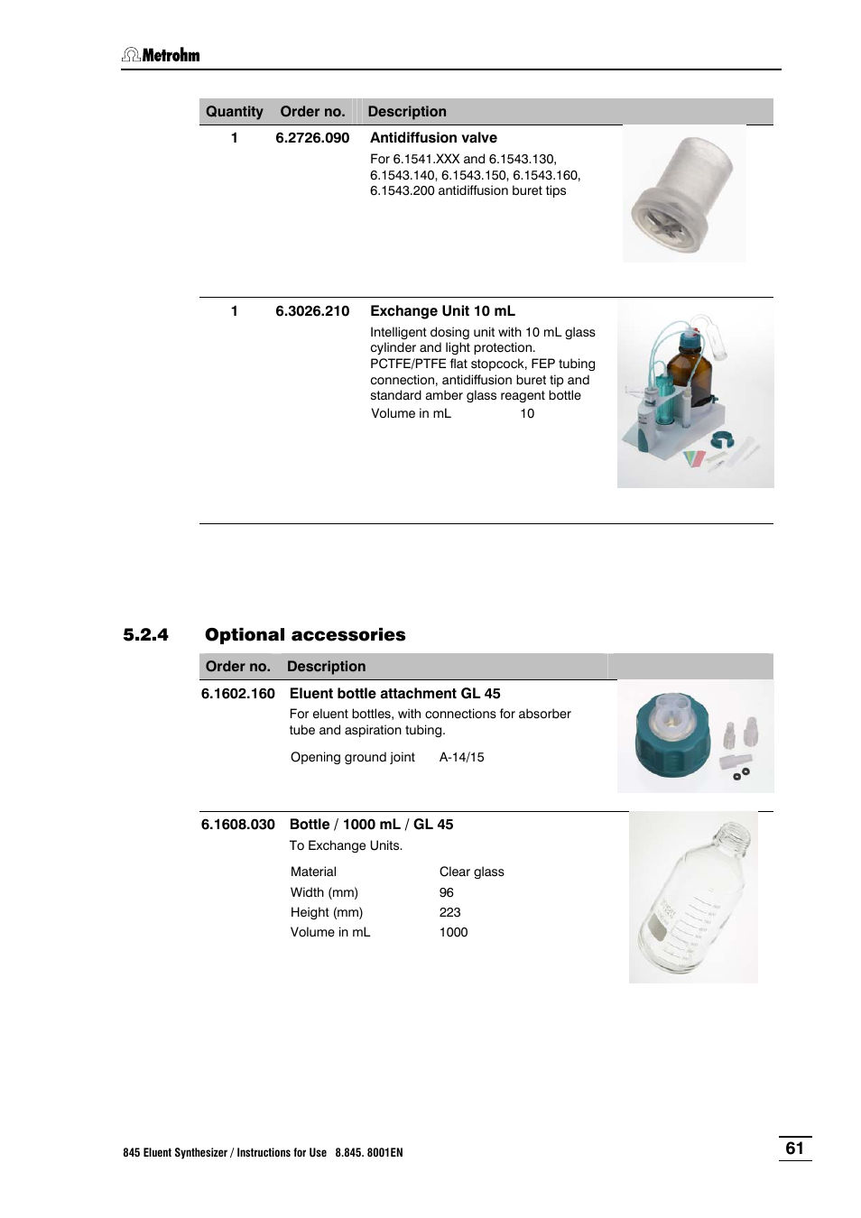 4 optional accessories, Optional accessories | Metrohm 845 Eluent Synthesizer User Manual | Page 67 / 73