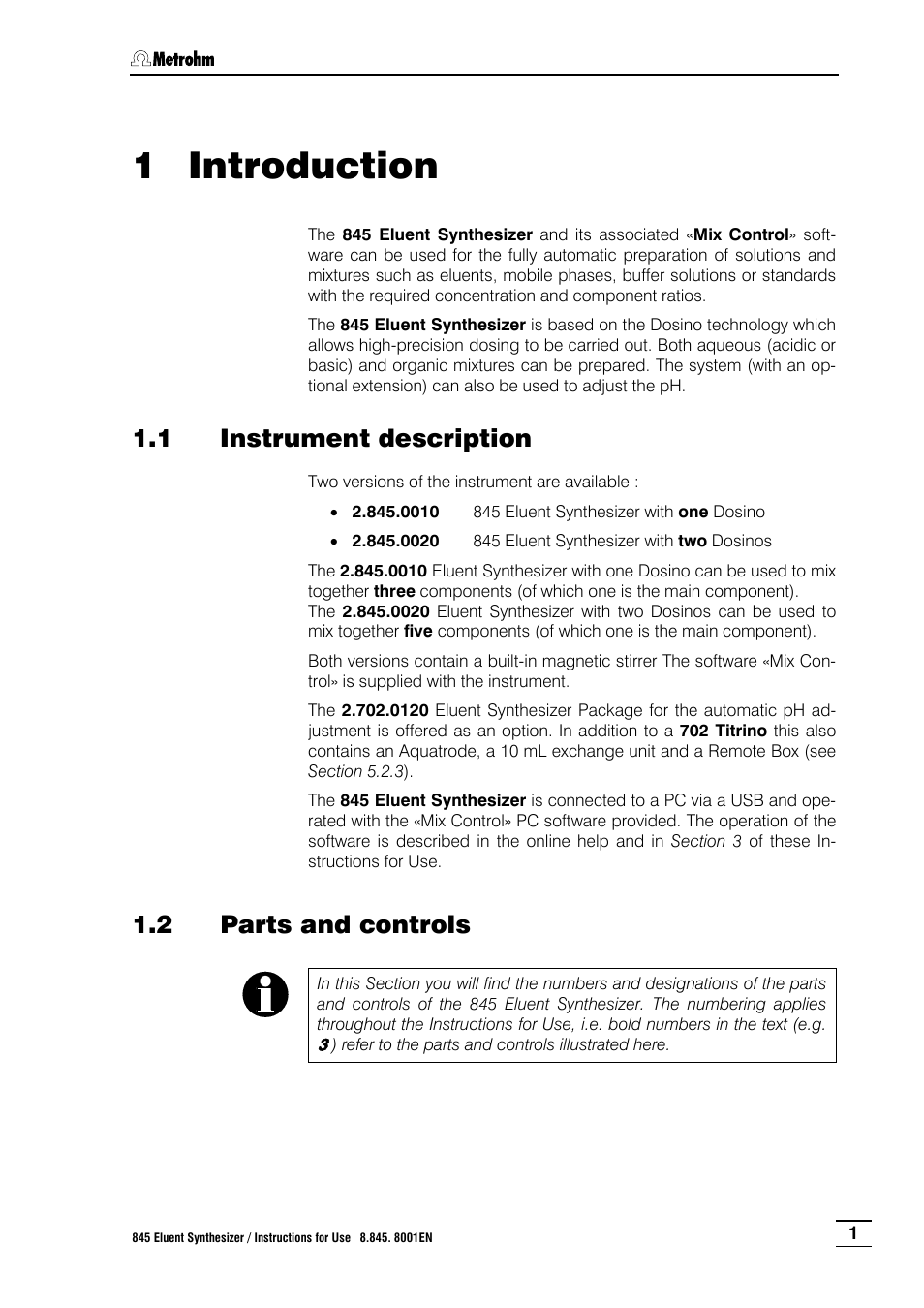 1 introduction, 1 instrument description, 2 parts and controls | Introduction, Instrument description, Parts and controls | Metrohm 845 Eluent Synthesizer User Manual | Page 7 / 73