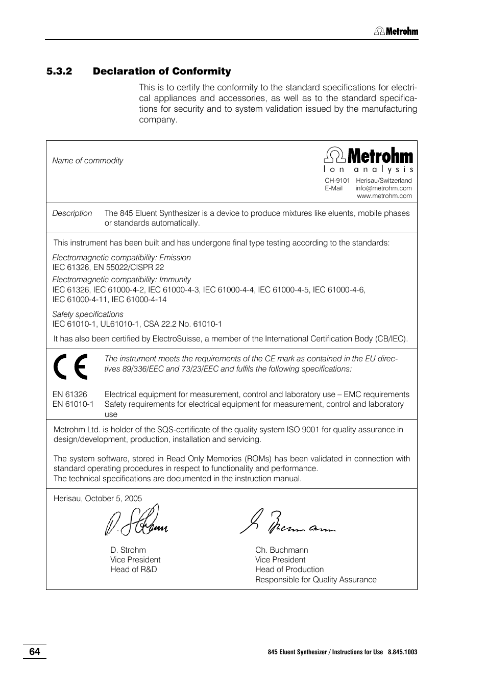 2 declaration of conformity, Declaration of conformity, 845 eluent synthesizer | Metrohm 845 Eluent Synthesizer User Manual | Page 70 / 73