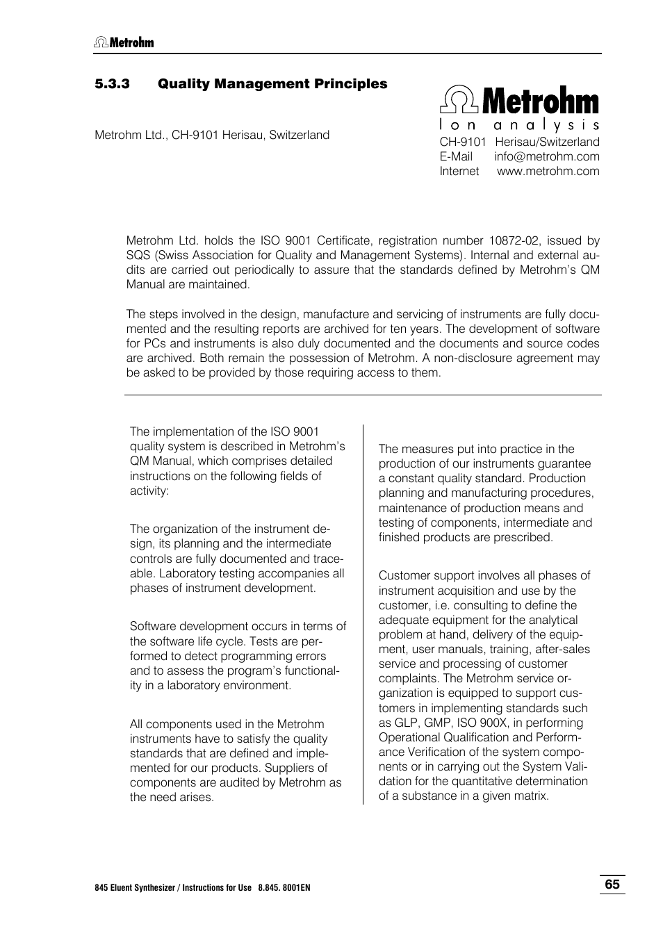 3 quality management principles, Quality management principles | Metrohm 845 Eluent Synthesizer User Manual | Page 71 / 73