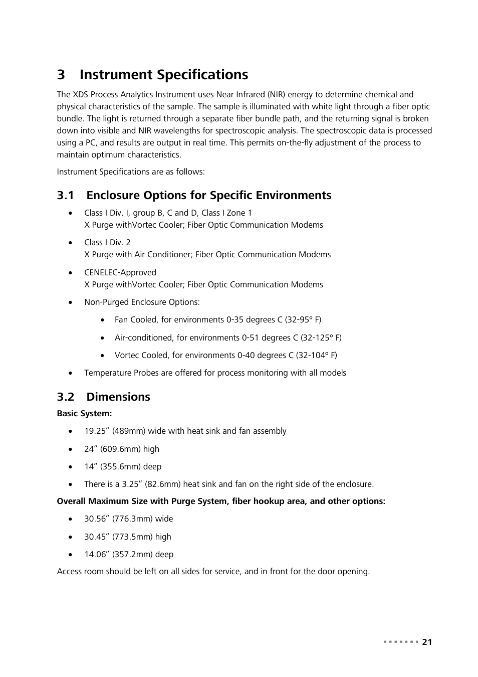 3 instrument specifications, 1 enclosure options for specific environments, 2 dimensions | Instrument specifications, Enclosure options for specific environments, Dimensions, 3instrument specifications | Metrohm NIRS XDS Process Analyzer – SingleFiber User Manual | Page 23 / 91