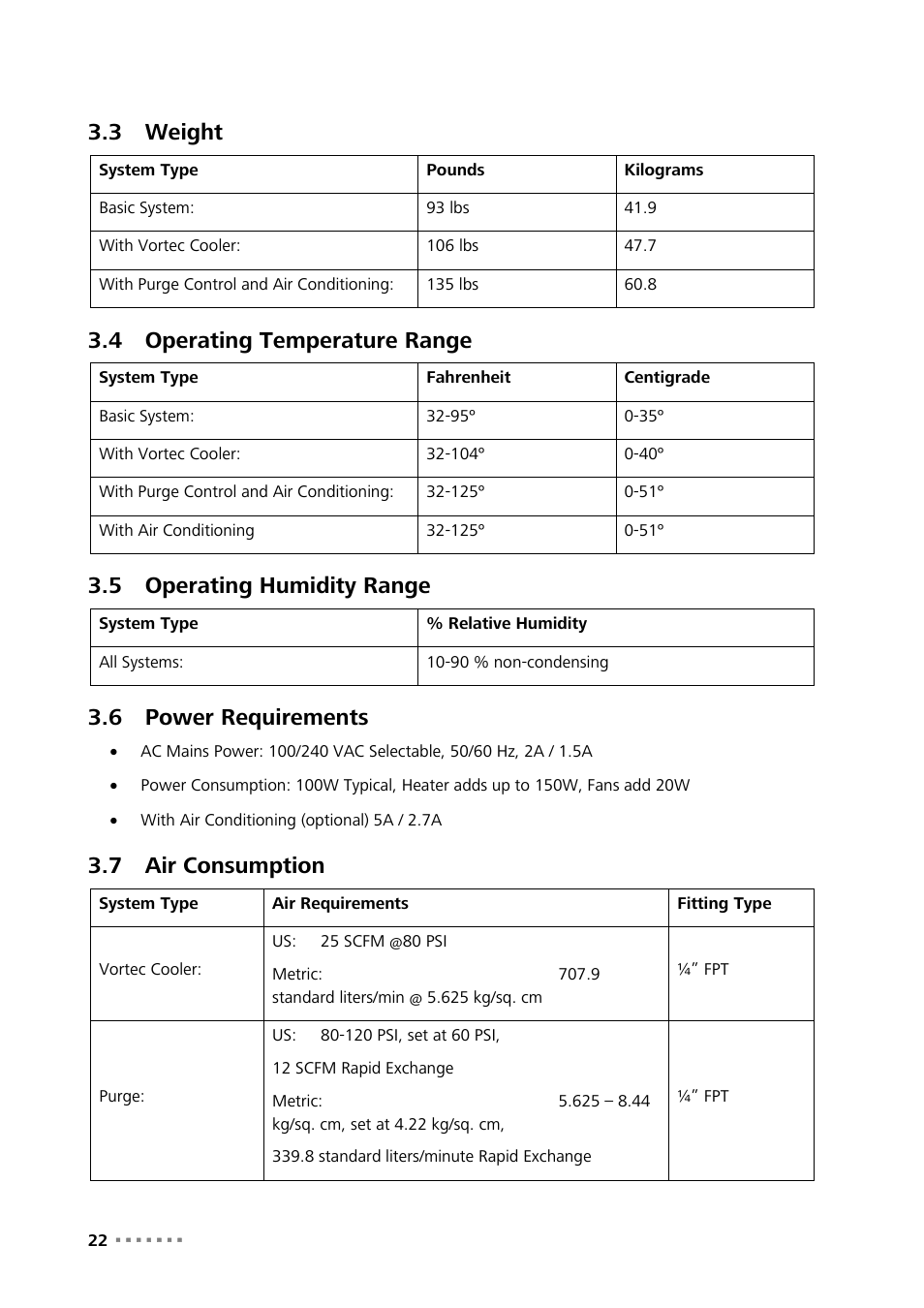 3 weight, 4 operating temperature range, 5 operating humidity range | 6 power requirements, 7 air consumption, Weight, Operating temperature range, Operating humidity range, Power requirements, Air consumption | Metrohm NIRS XDS Process Analyzer – SingleFiber User Manual | Page 24 / 91