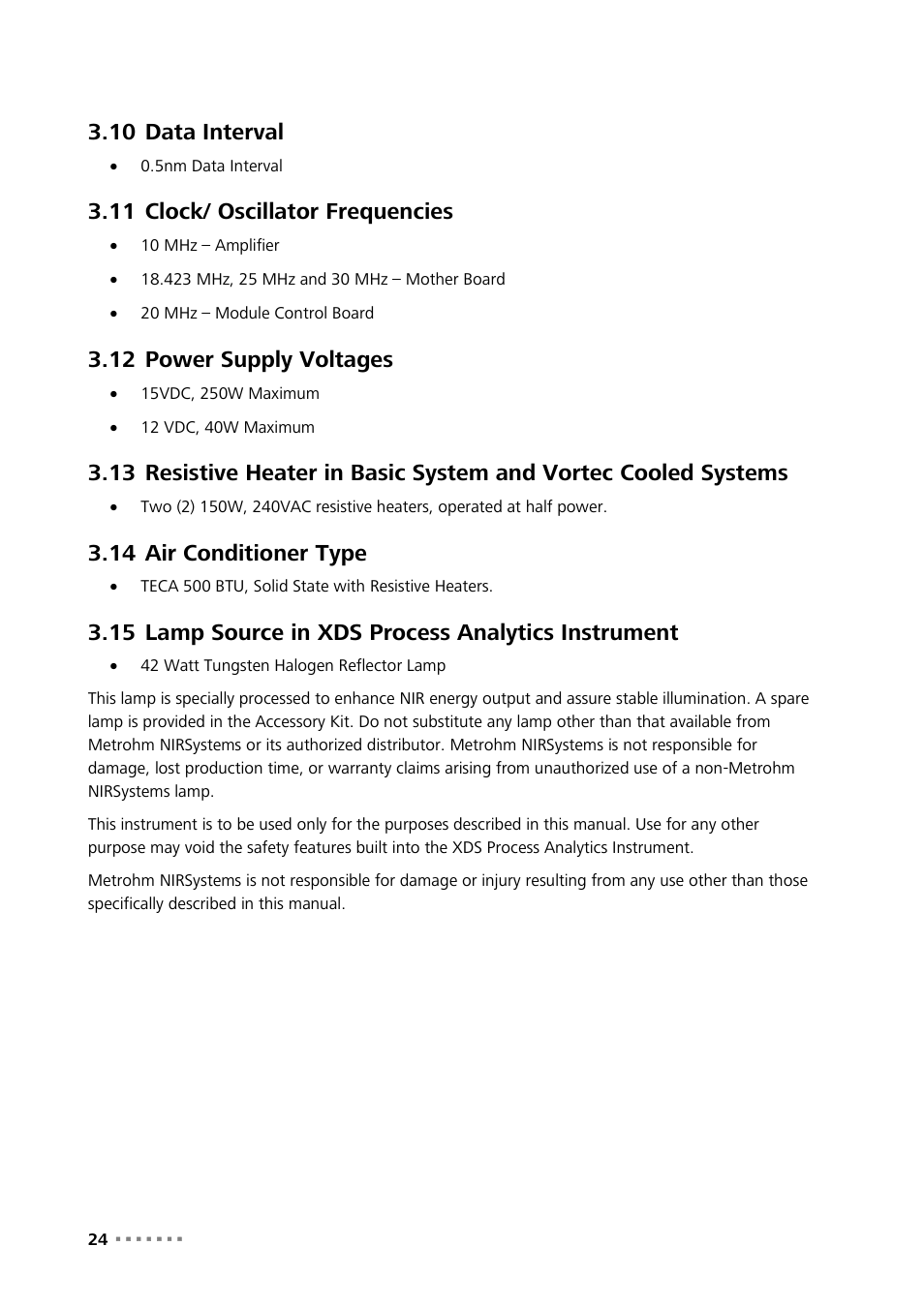 10 data interval, 11 clock/ oscillator frequencies, 12 power supply voltages | 14 air conditioner type, 15 lamp source in xds process analytics instrument, Data interval, Clock/ oscillator frequencies, Power supply voltages, Air conditioner type, Lamp source in xds process analytics instrument | Metrohm NIRS XDS Process Analyzer – SingleFiber User Manual | Page 26 / 91