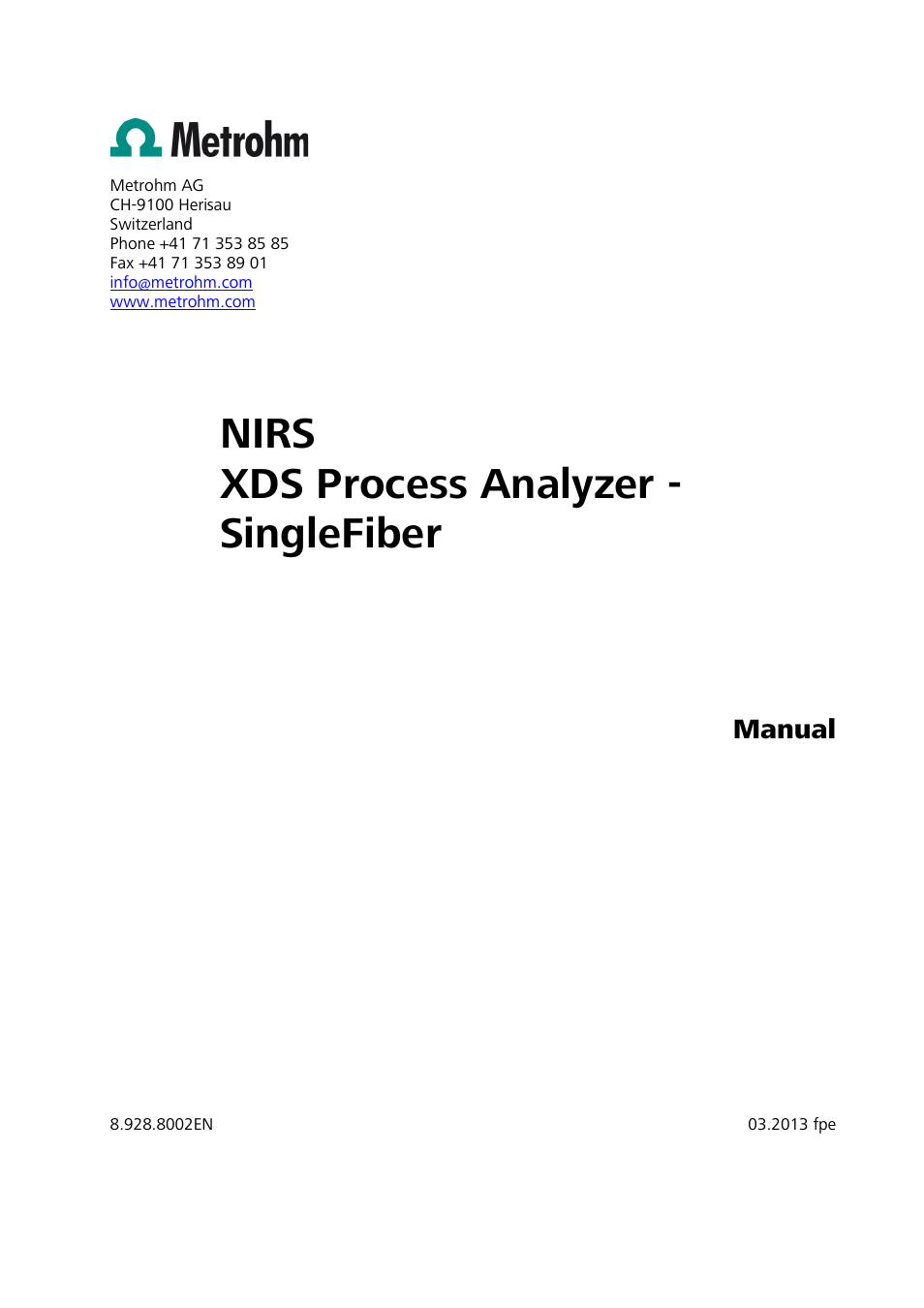 Nirs xds process analyzer - singlefiber, Manual | Metrohm NIRS XDS Process Analyzer – SingleFiber User Manual | Page 3 / 91