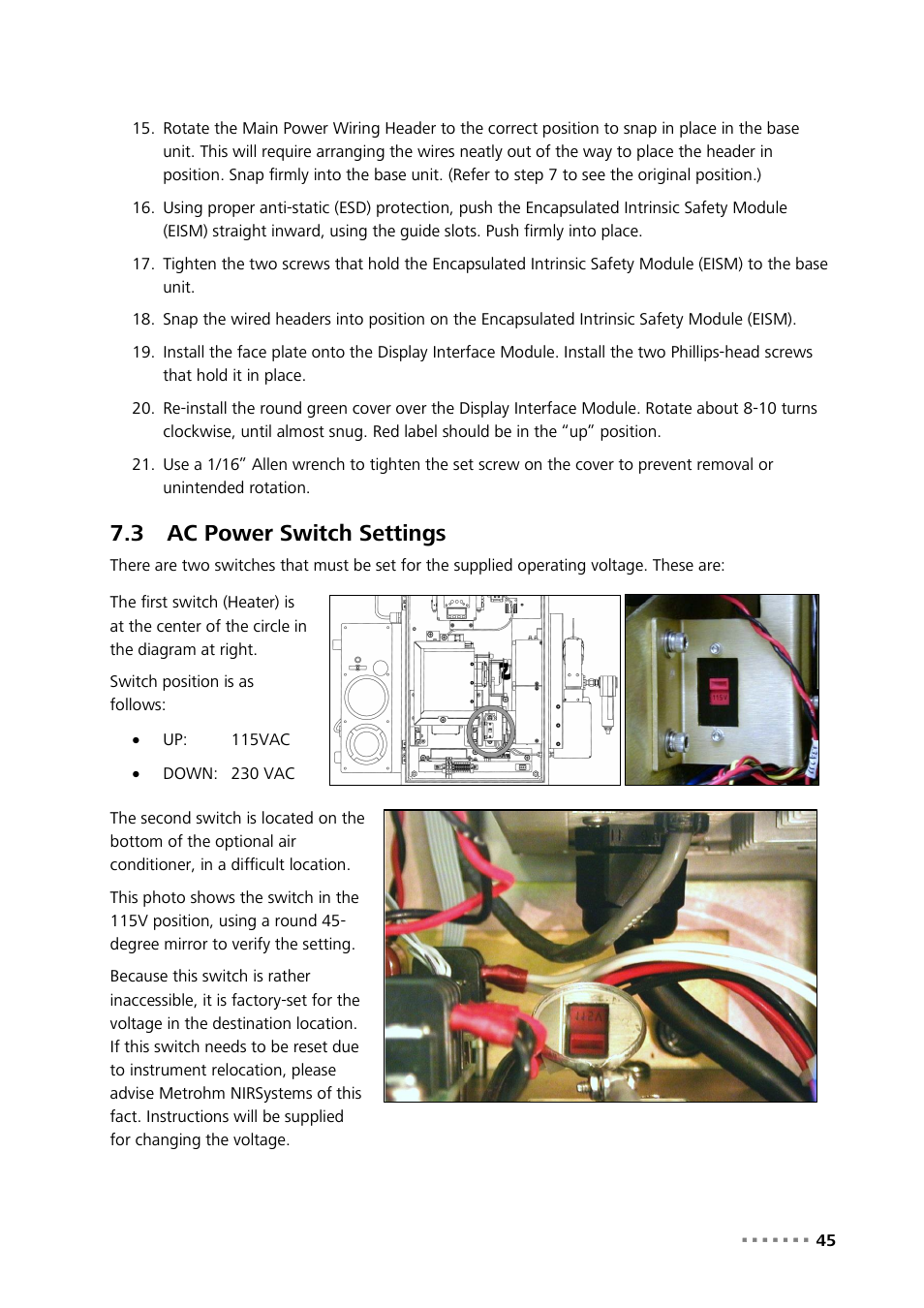 3 ac power switch settings, Ac power switch settings | Metrohm NIRS XDS Process Analyzer – SingleFiber User Manual | Page 47 / 91