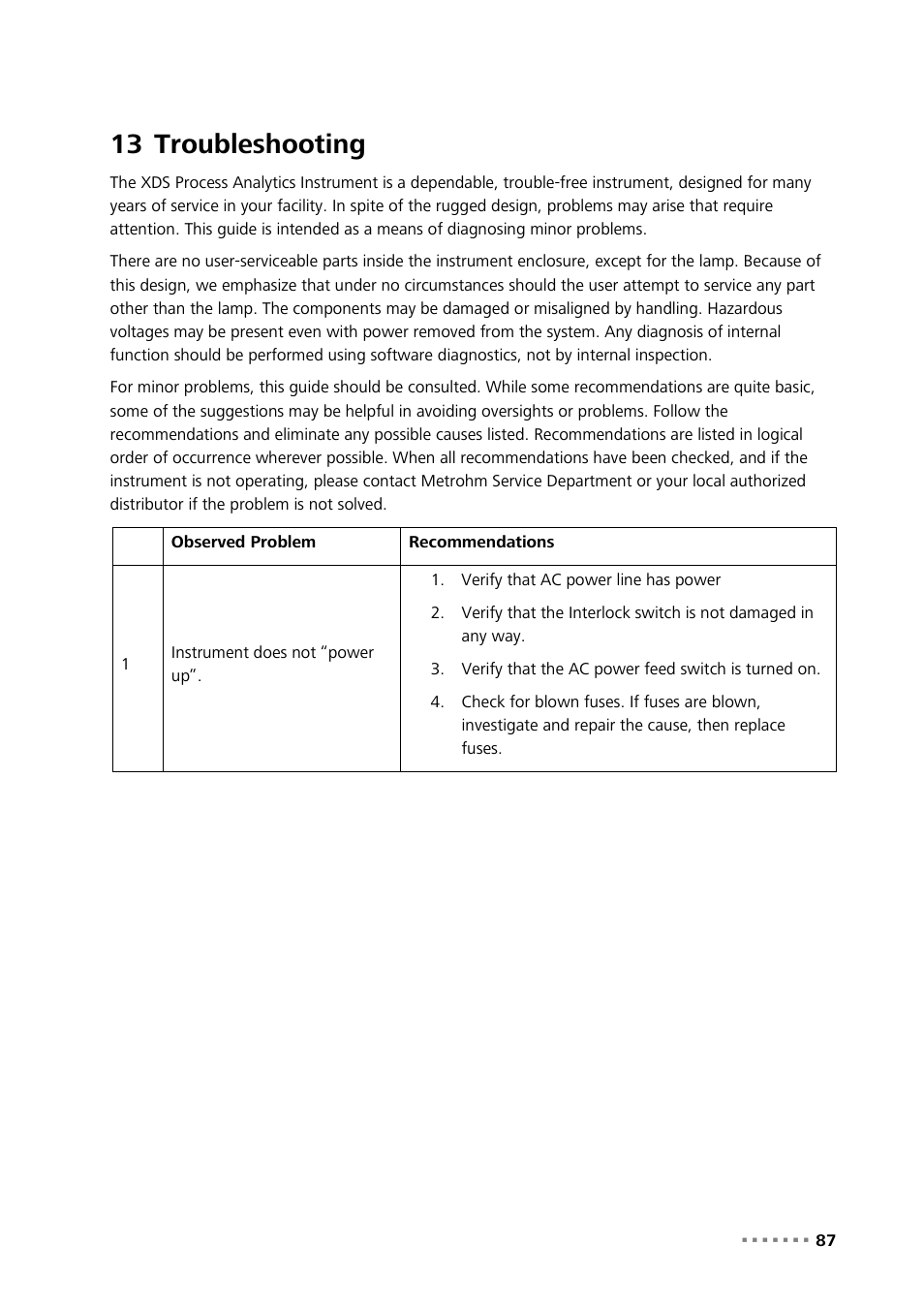 13 troubleshooting, Troubleshooting | Metrohm NIRS XDS Process Analyzer – SingleFiber User Manual | Page 89 / 91