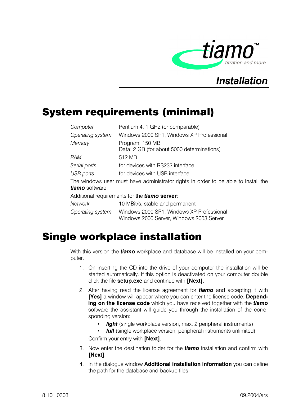 Metrohm tiamo 1.0 Installation User Manual | 4 pages