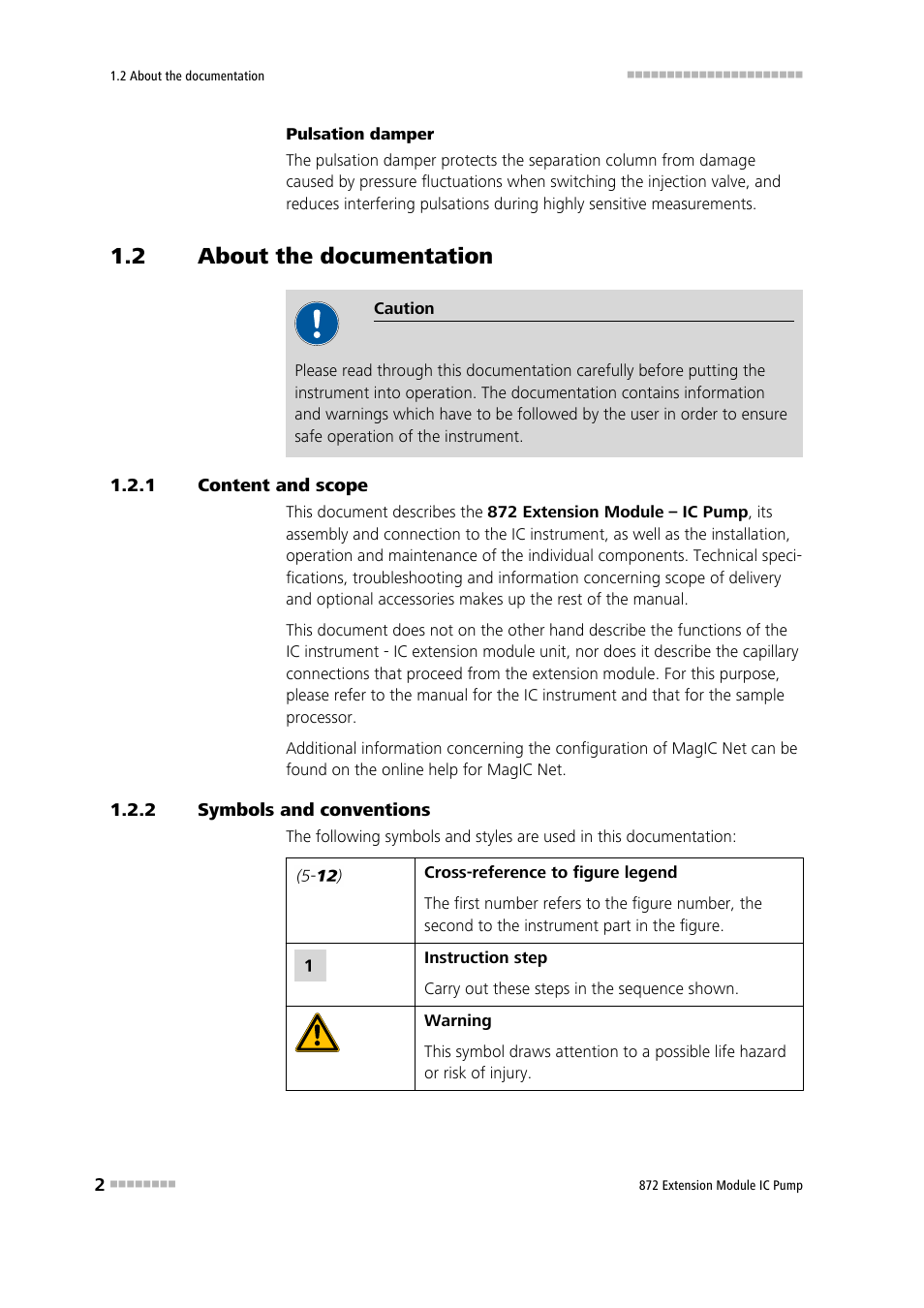 2 about the documentation, 1 content and scope, 2 symbols and conventions | About the documentation, Content and scope, Symbols and conventions | Metrohm 872 Extension Module IC Pump User Manual | Page 10 / 79