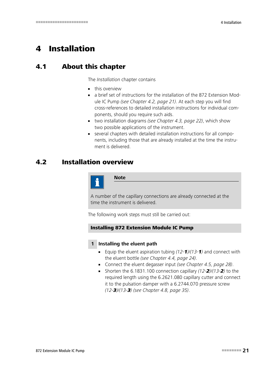 4 installation, 1 about this chapter, 2 installation overview | About this chapter, Installation overview | Metrohm 872 Extension Module IC Pump User Manual | Page 29 / 79