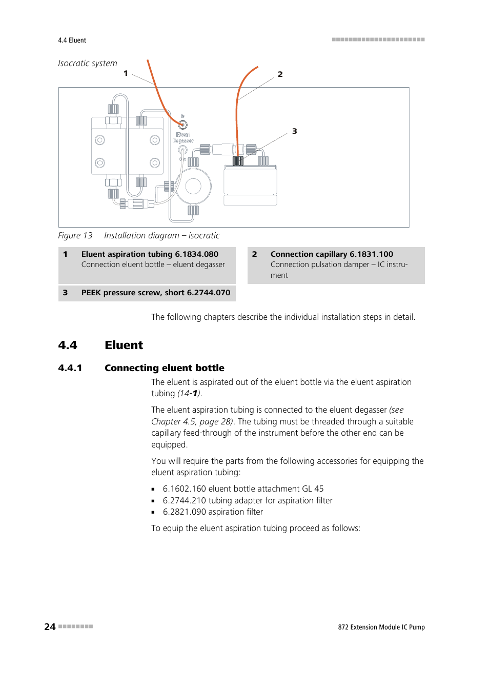 4 eluent, 1 connecting eluent bottle, Eluent | Connecting eluent bottle, Figure 13, Installation diagram – isocratic, 1) and connect with, 2) to the | Metrohm 872 Extension Module IC Pump User Manual | Page 32 / 79