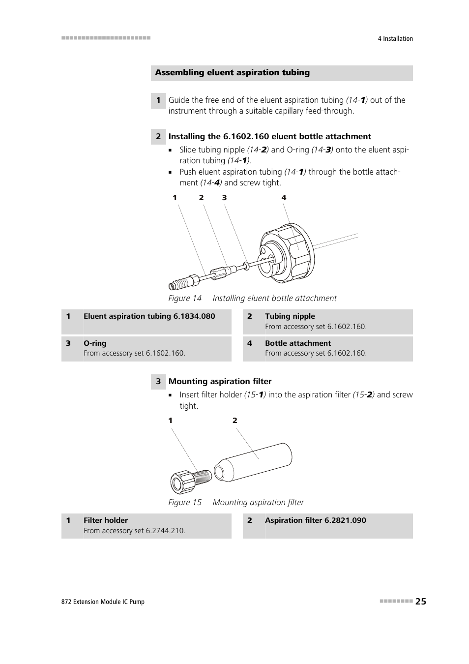 Figure 14, Installing eluent bottle attachment, Figure 15 | Mounting aspiration filter | Metrohm 872 Extension Module IC Pump User Manual | Page 33 / 79