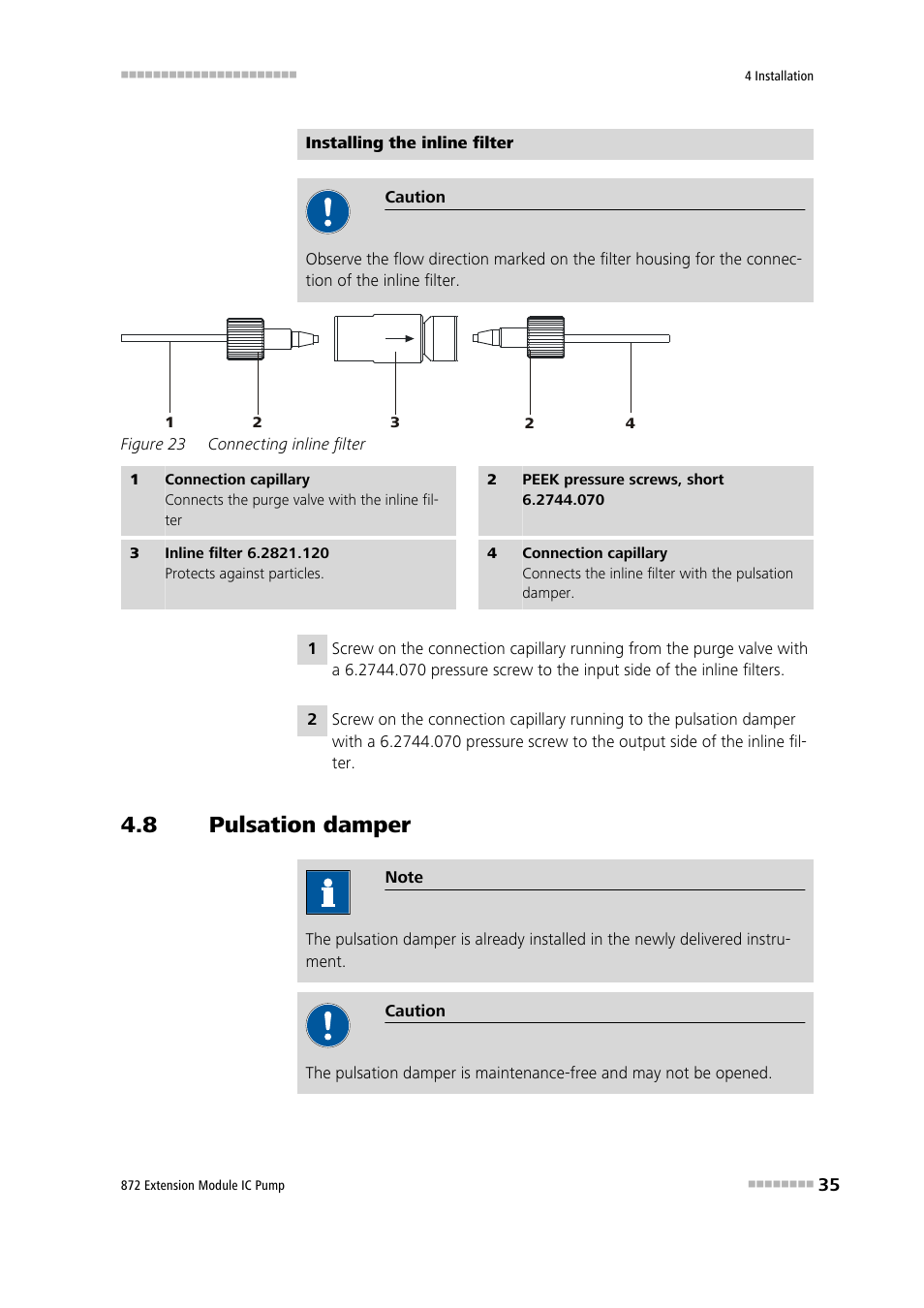 8 pulsation damper, Pulsation damper, Figure 23 | Connecting inline filter, See chapter 4.8 | Metrohm 872 Extension Module IC Pump User Manual | Page 43 / 79