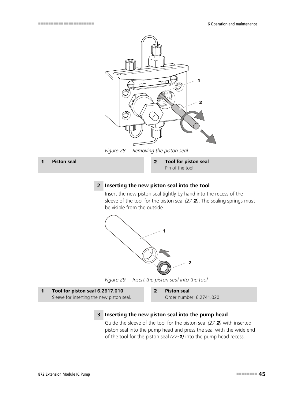 Figure 28, Removing the piston seal, Figure 29 | Insert the piston seal into the tool | Metrohm 872 Extension Module IC Pump User Manual | Page 53 / 79