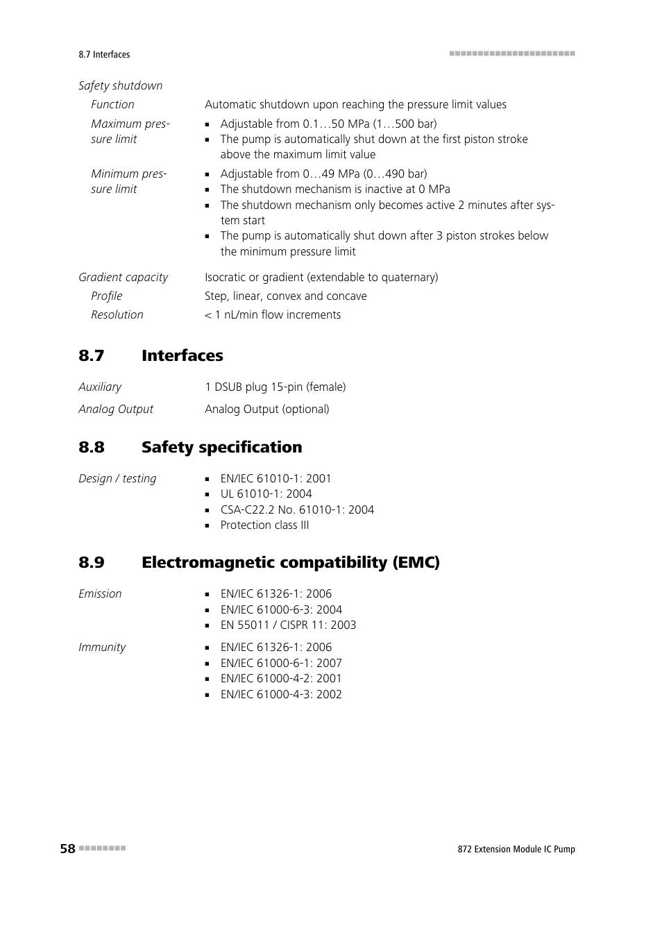 7 interfaces, 8 safety specification, 9 electromagnetic compatibility (emc) | Interfaces, Safety specification, Electromagnetic compatibility (emc) | Metrohm 872 Extension Module IC Pump User Manual | Page 66 / 79