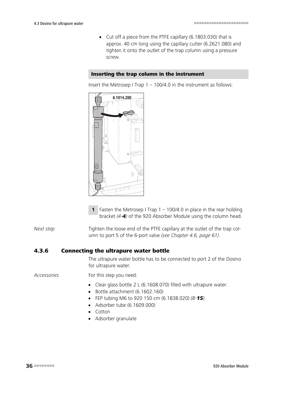 6 connecting the ultrapure water bottle, Connecting the ultrapure water bottle | Metrohm 920 Absorber Module User Manual | Page 44 / 112