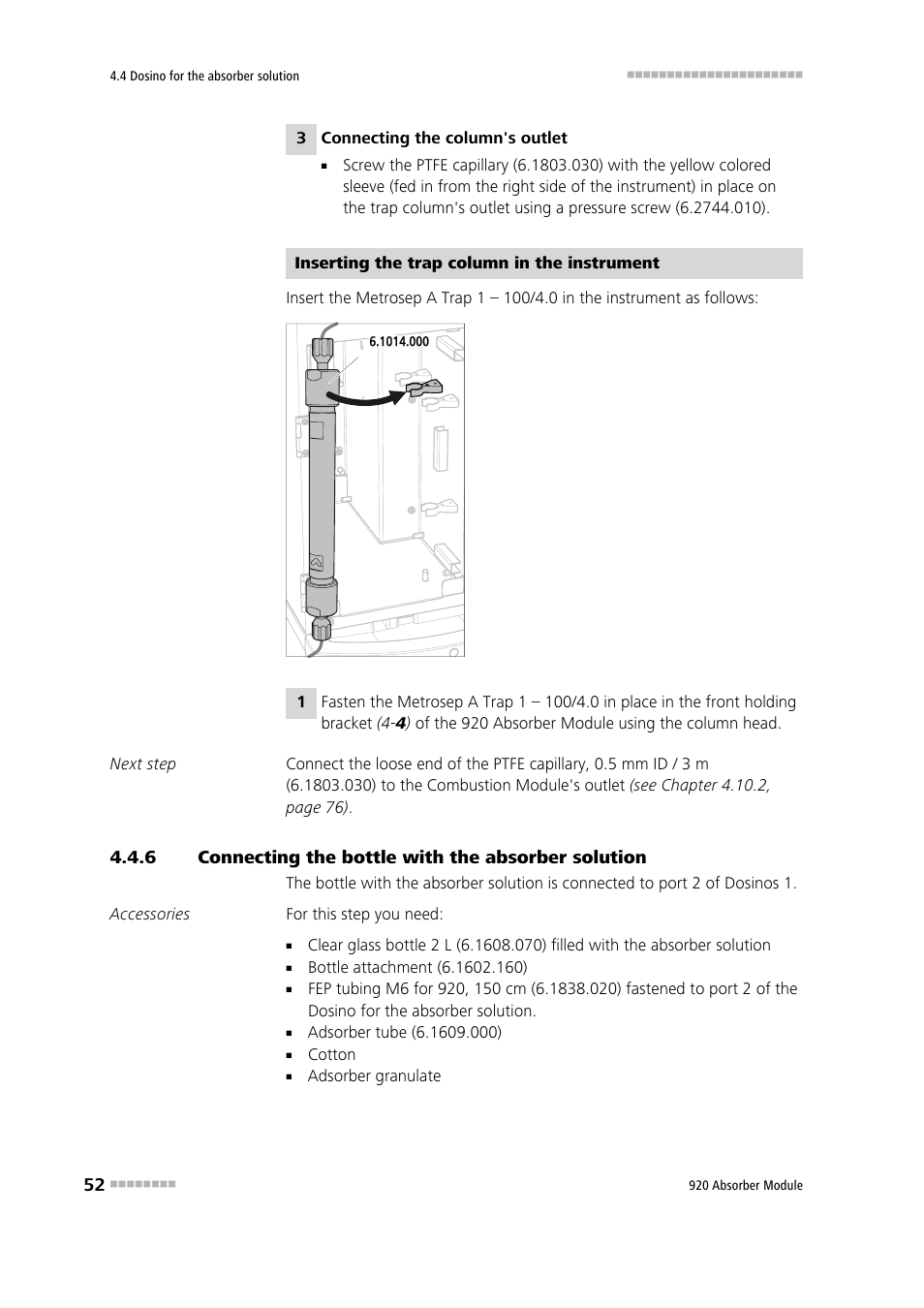 6 connecting the bottle with the absorber solution, Connecting the bottle with the absorber solution | Metrohm 920 Absorber Module User Manual | Page 60 / 112