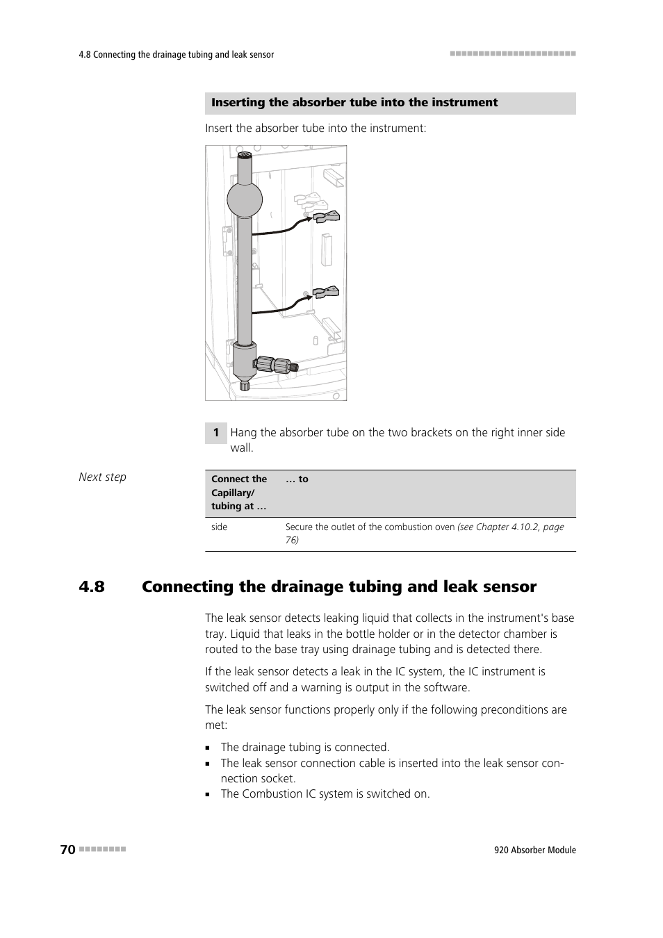 8 connecting the drainage tubing and leak sensor, Connecting the drainage tubing and leak sensor | Metrohm 920 Absorber Module User Manual | Page 78 / 112