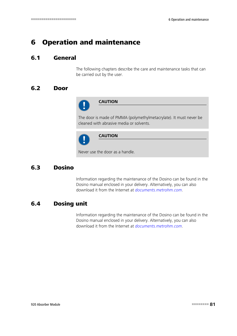 6 operation and maintenance, 1 general, 2 door | 3 dosino, 4 dosing unit, General, Door, Dosino, Dosing unit | Metrohm 920 Absorber Module User Manual | Page 89 / 112