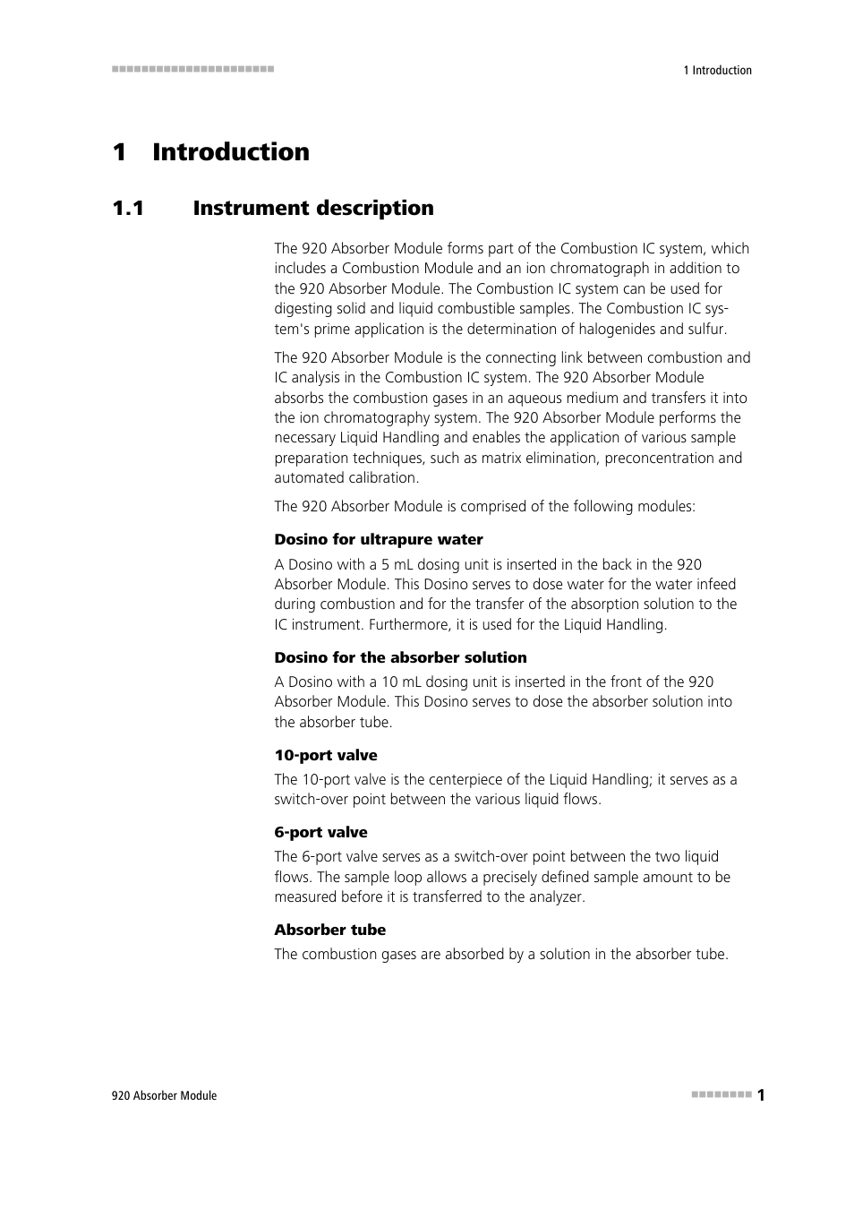 1 introduction, 1 instrument description, Instrument description | Metrohm 920 Absorber Module User Manual | Page 9 / 112