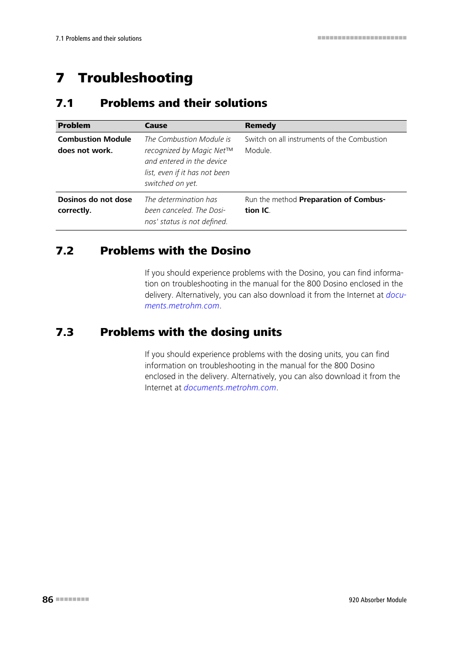 7 troubleshooting, 1 problems and their solutions, 1 problems with the dosino | 2 problems with the dosing units, Problems and their solutions, Problems with the dosino, Problems with the dosing units, 2 problems with the dosino, 3 problems with the dosing units | Metrohm 920 Absorber Module User Manual | Page 94 / 112